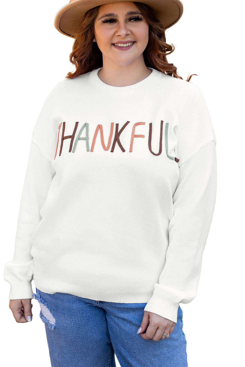 Plus Size Thankful Ivory Embroidered Sweater