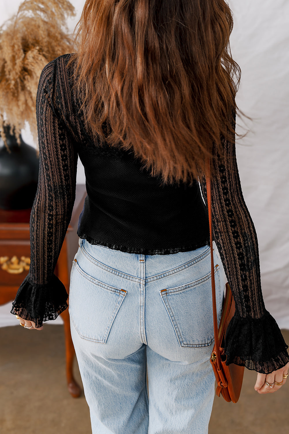 Flounce Lace Patchwork Sleeve Slim Fit Top in Black