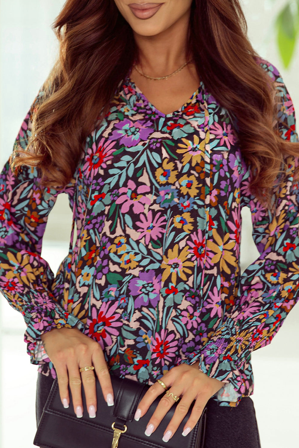 Blouse for Women Floral-Print Print Ruffle-Trimmed Long-Sleeve V Neck