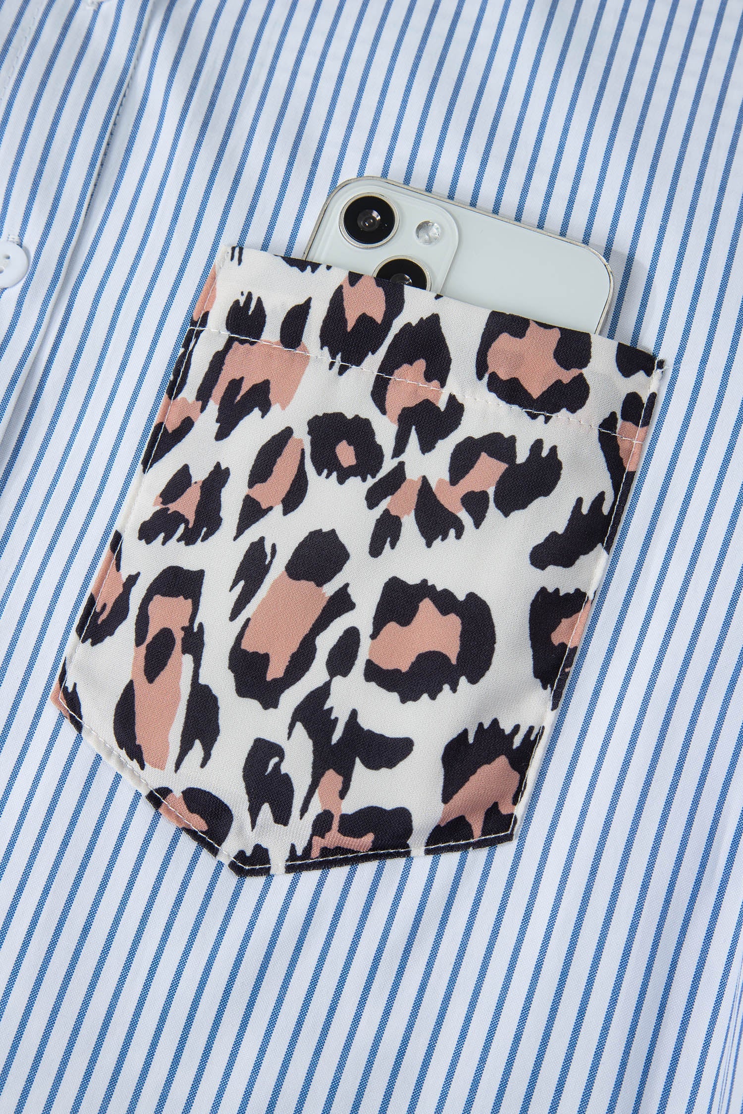 Patchwork Colorblock Leopard Chest Pocket Cuffed Sleeve Shirt