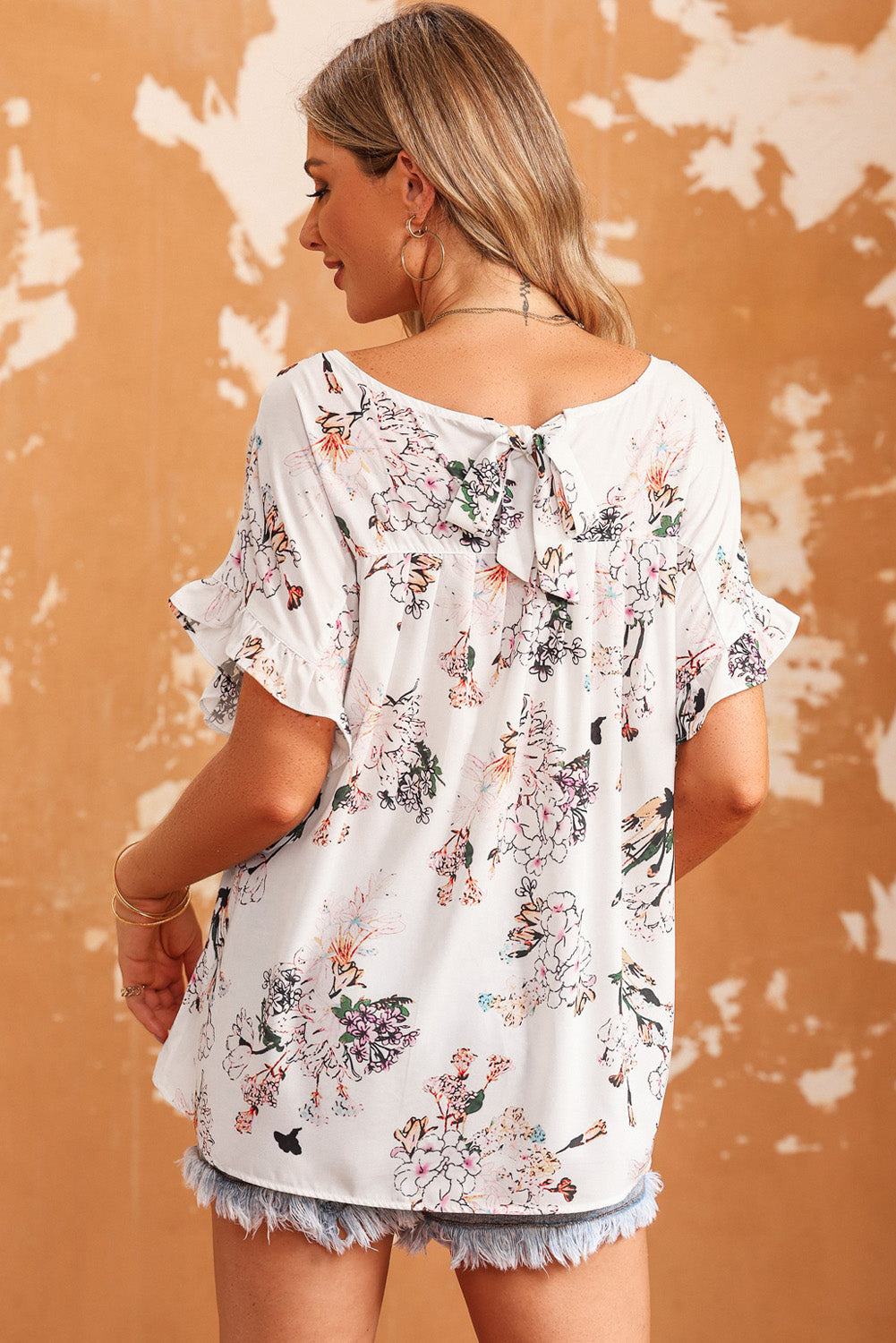 Women's Blouse with Floral-Print Ruffle-Trimmed Back Knot-Detail