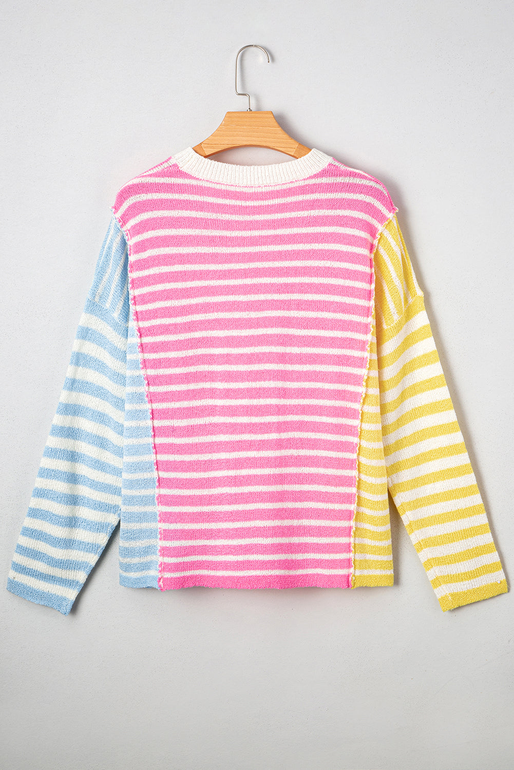 Patchwork Colorblock Striped Dolman Sleeve Slit Knit Top in Multicolour