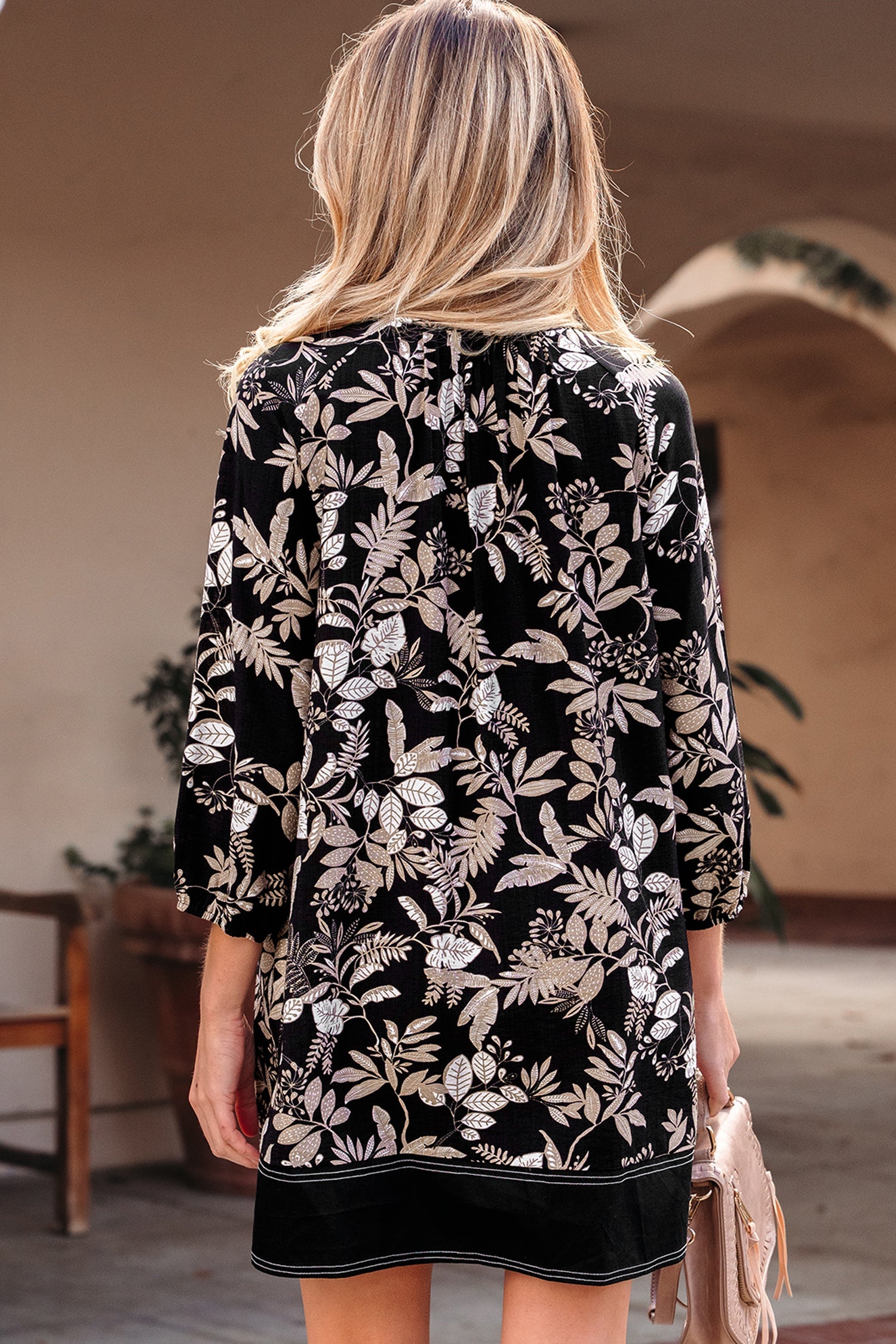 Sleeve Botanical 3/4 Botanical Print Split Neck Loose Mini Dress