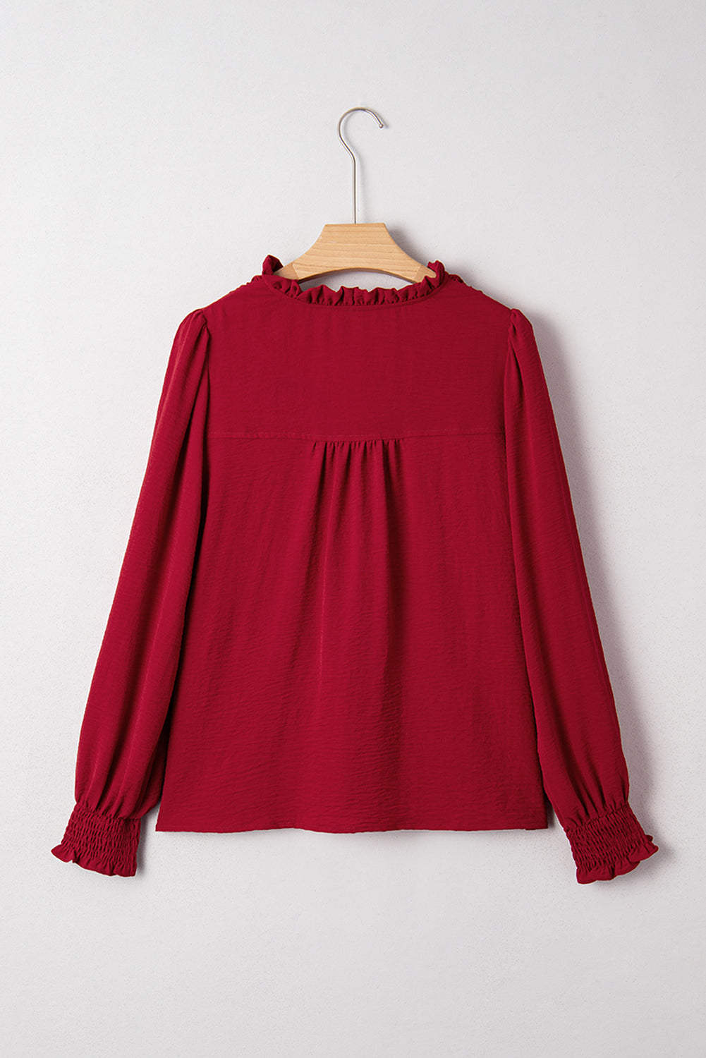 Neck Shirred Notched Shirred Cuff Long-Sleeved Blouse