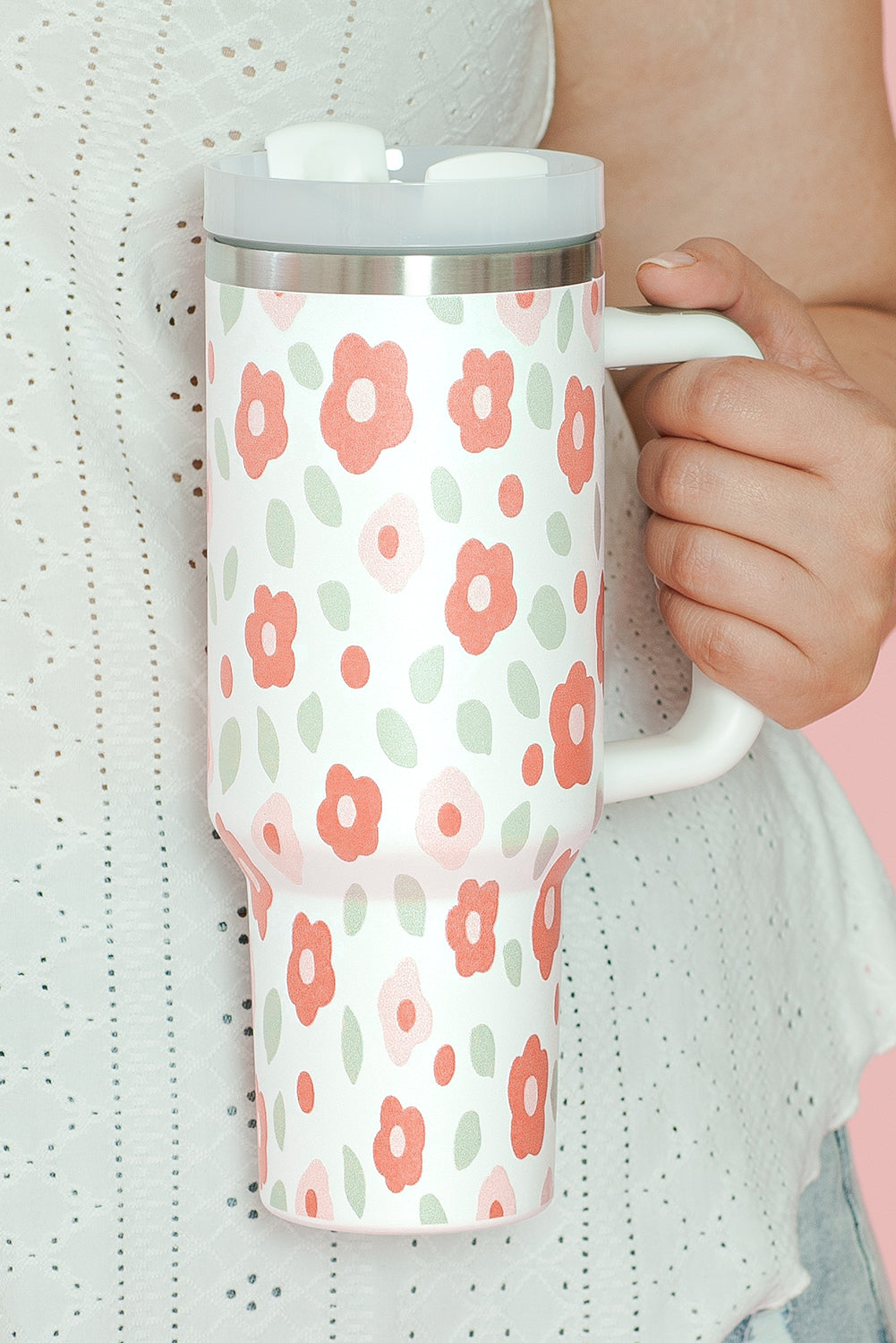 Floral Leaves Print Stainless Large Portable Cup 40oz
