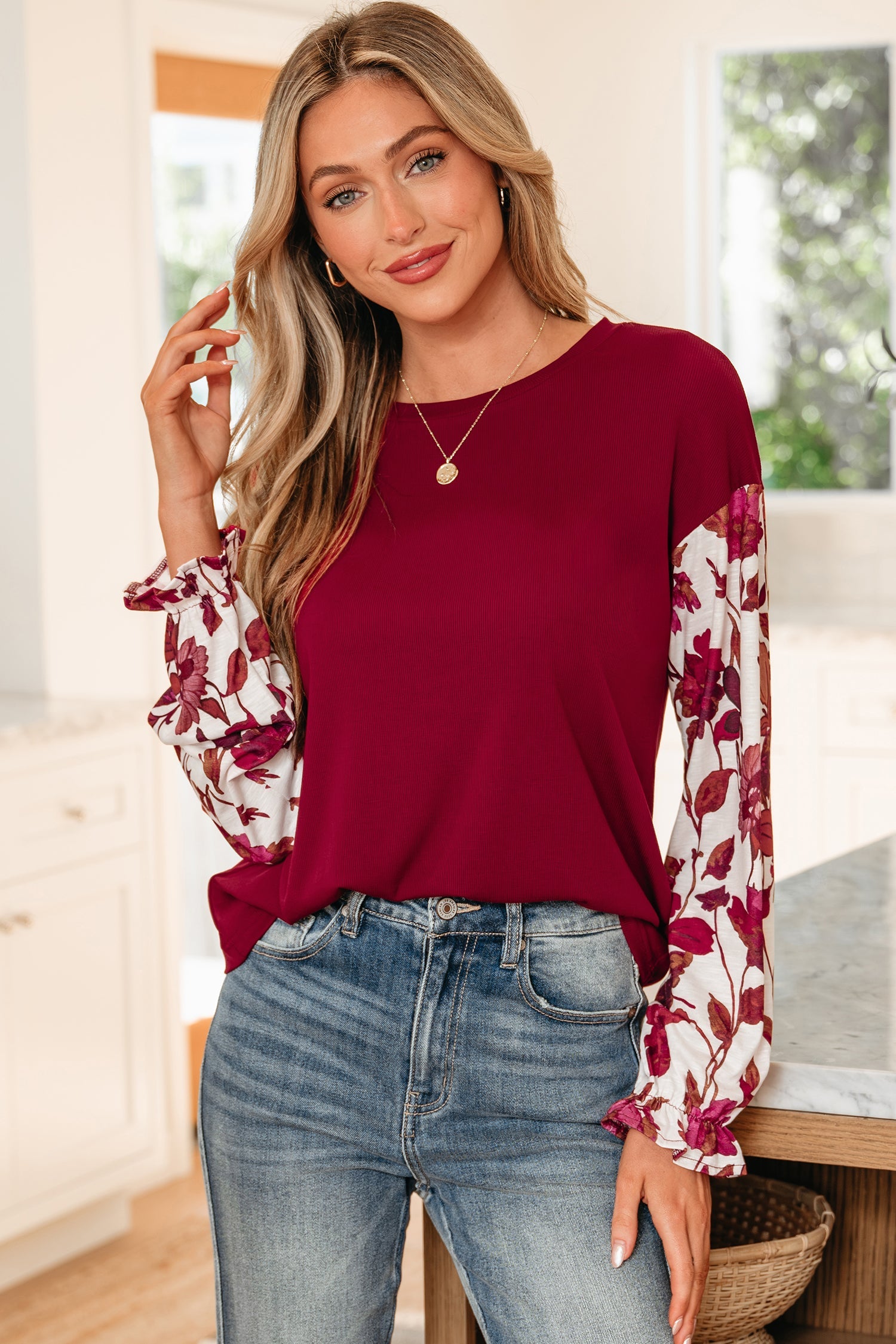 Contrast Solid Floral Sleeve Rib-Knit Long-Sleeved Top
