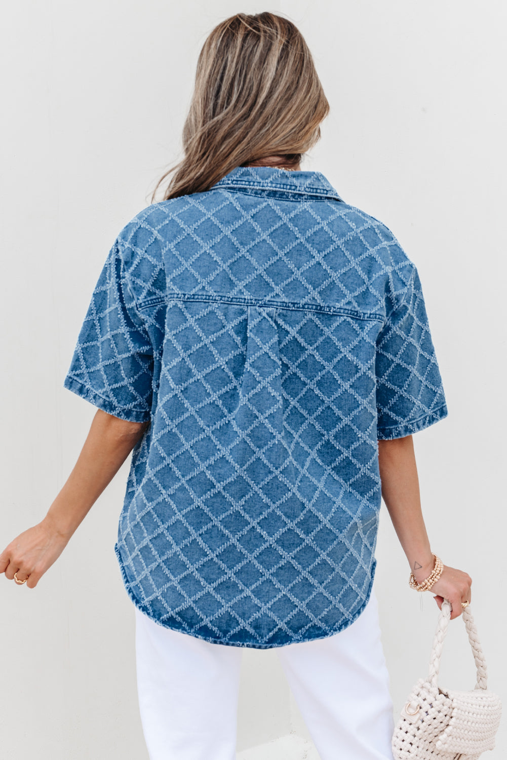 Short-Sleeved Checkered Textured Patched Pocket Denim Shirt