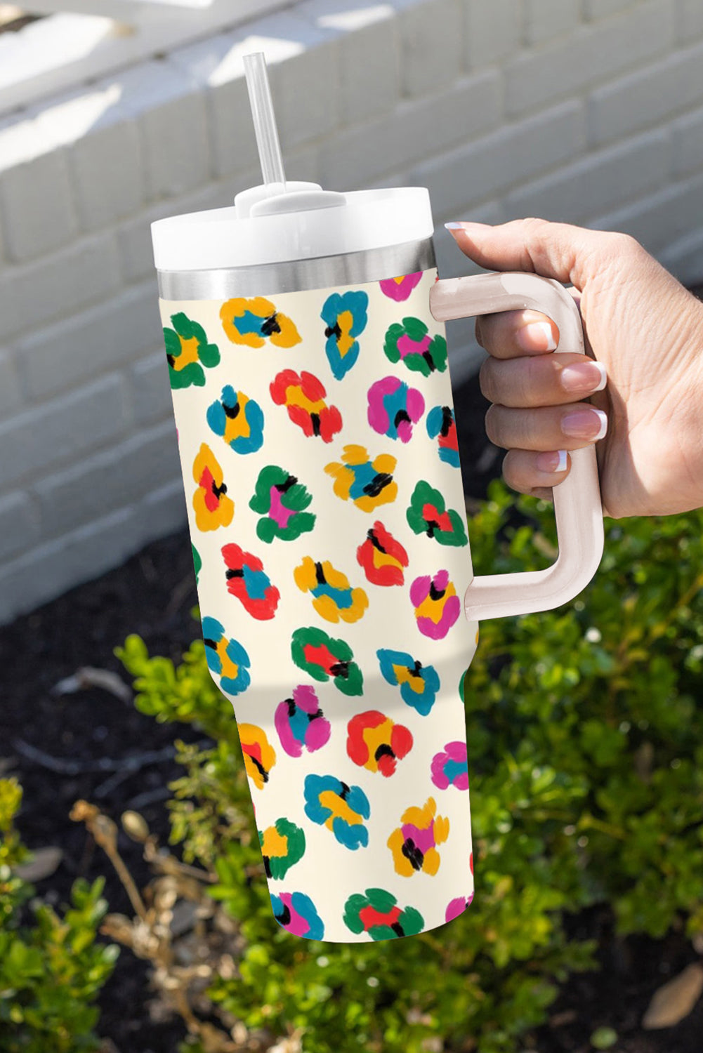 Leopard-Print Multi Color Handle Stainless Tumbler 40oz
