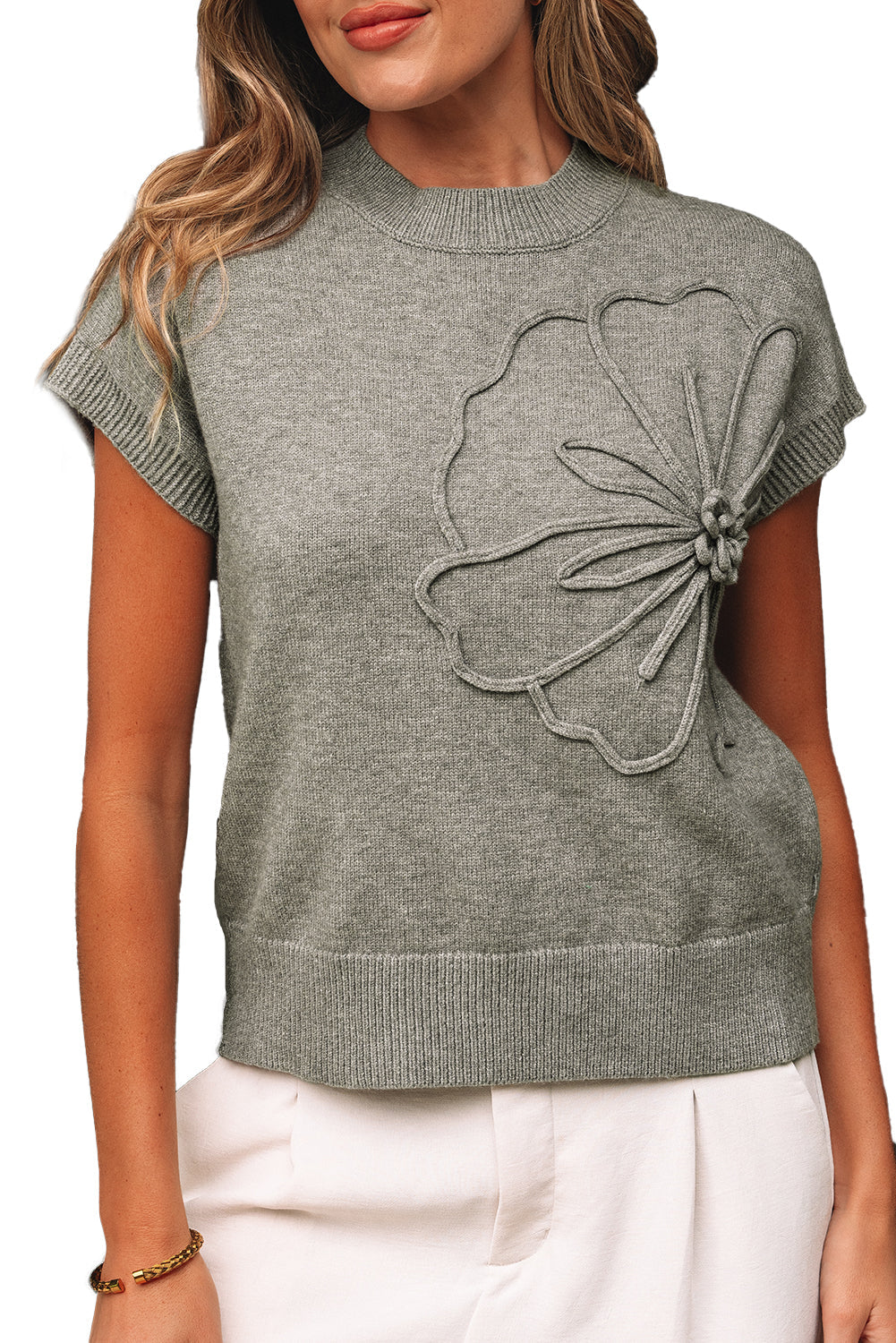 Pattern High Flower Rib-Knit Trim Short-Sleeved Boxy Knit Top