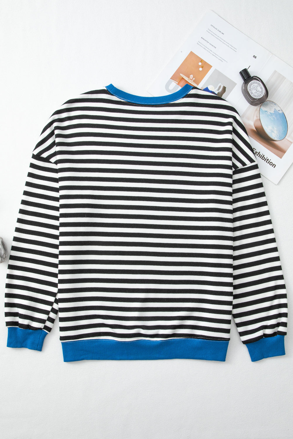 Striped Contrast Rib-Knit Trim Crossed Stitch Drop-Shoulder Sweatshirt