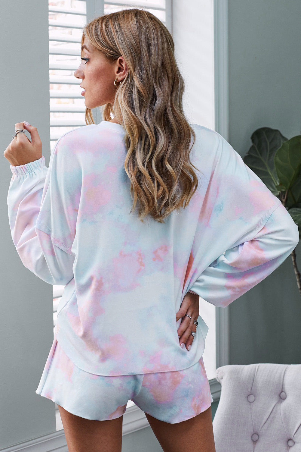Women's Set with Orange Tie Dye Knitted Long-Sleeve and Short Pajamas
