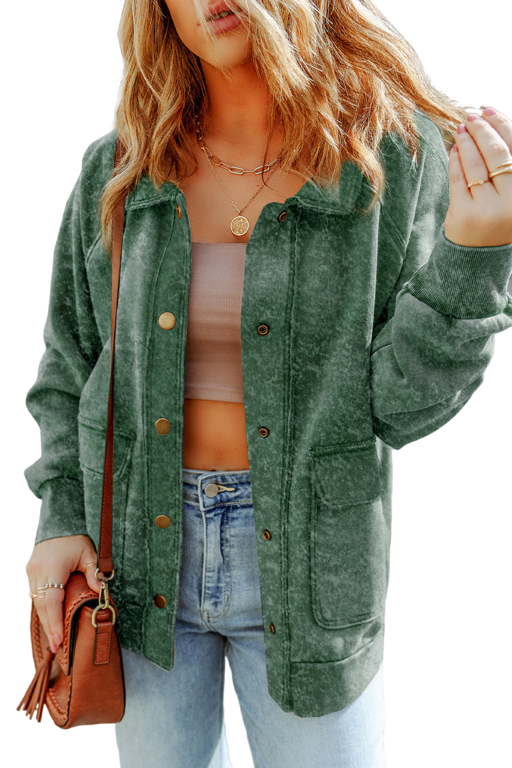Women's Shacket Featuring Flap Pocket Button Green Vintage Washed