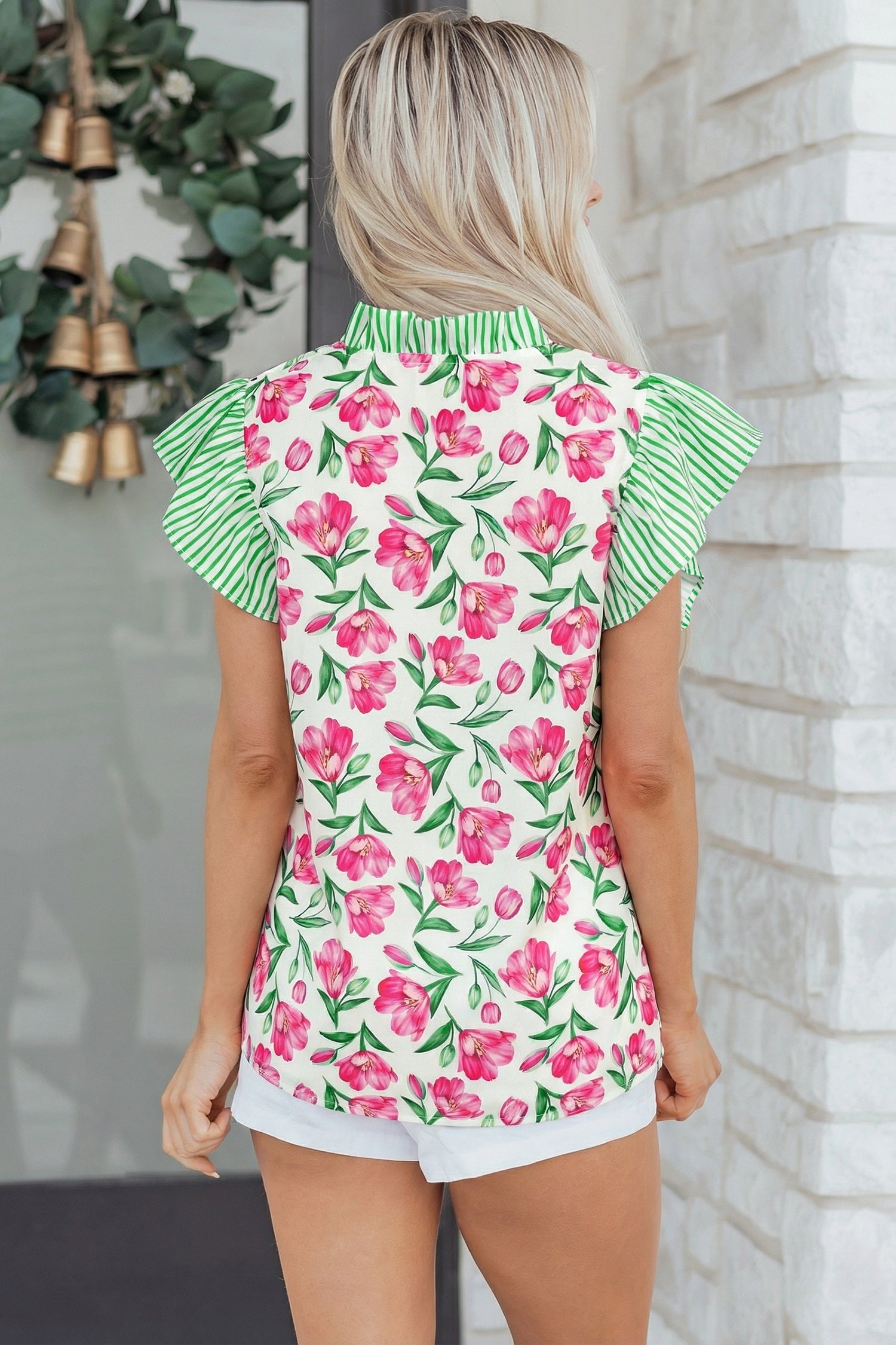 Sweet Floral-Print Striped Ruffle Trim V-Neck Blouse in Multicolour