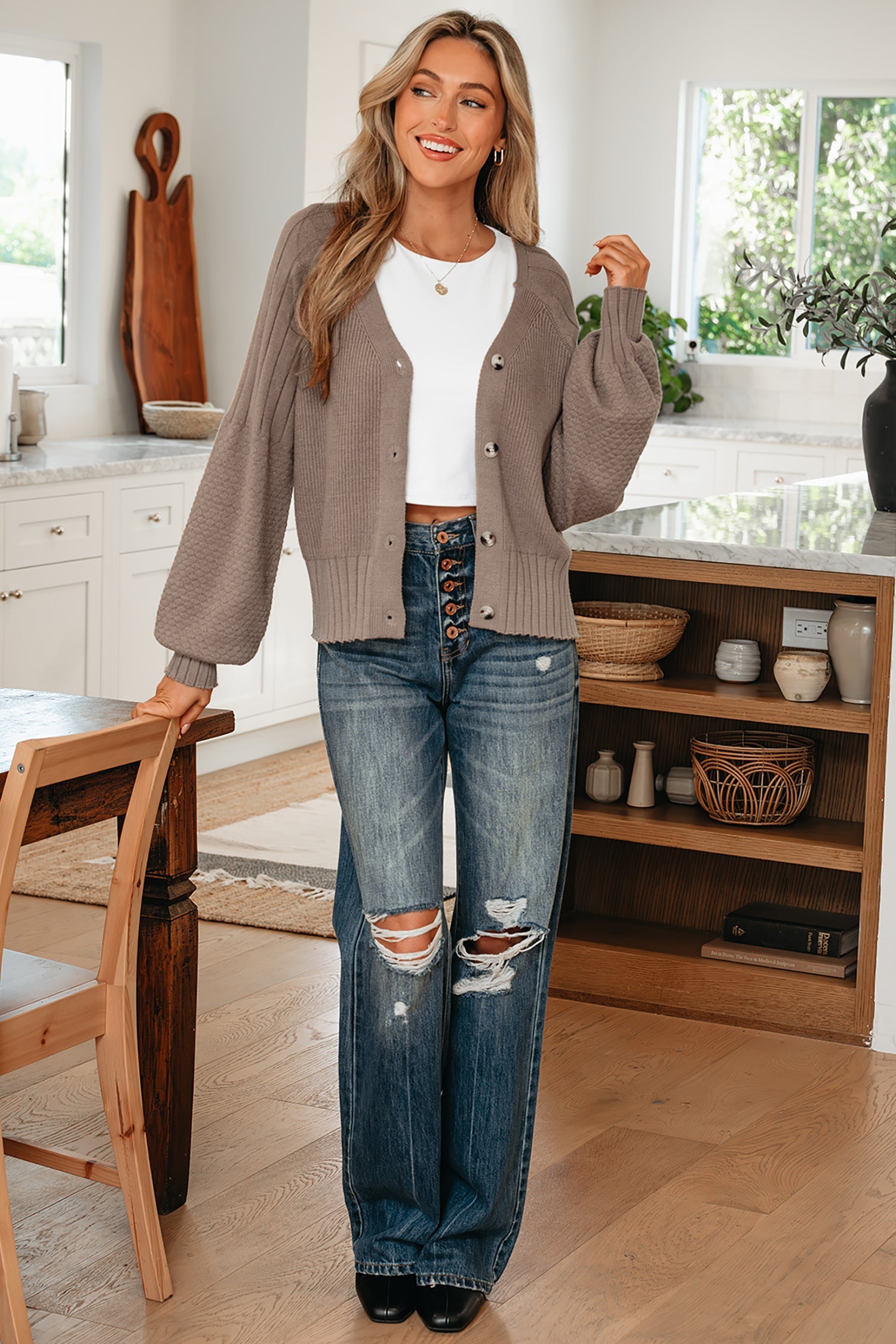 Mixed Button Texture Knit V-Neck Cardigan Knit Top