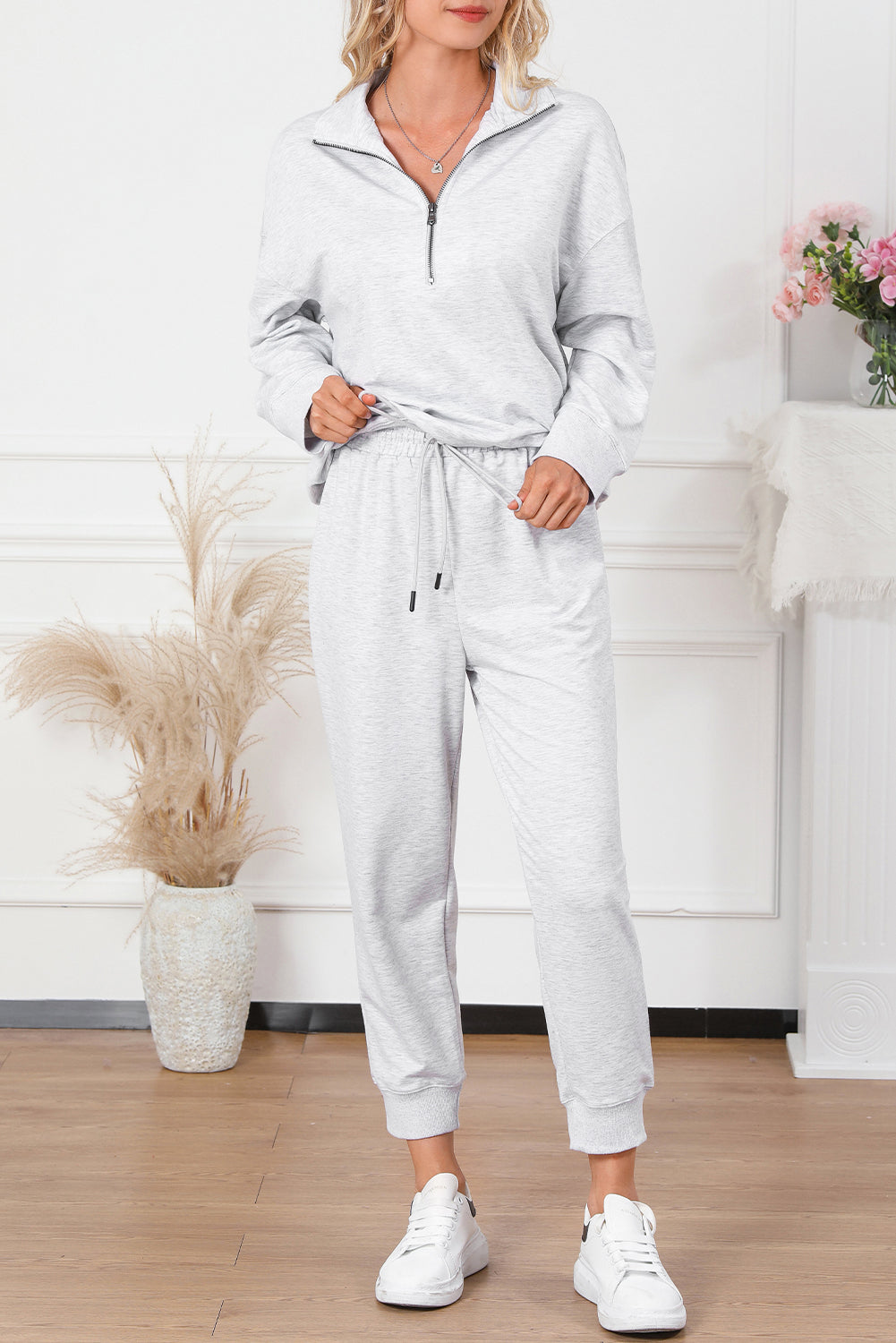 Zip Solid Half Drawcord High-Waisted Lounge Set