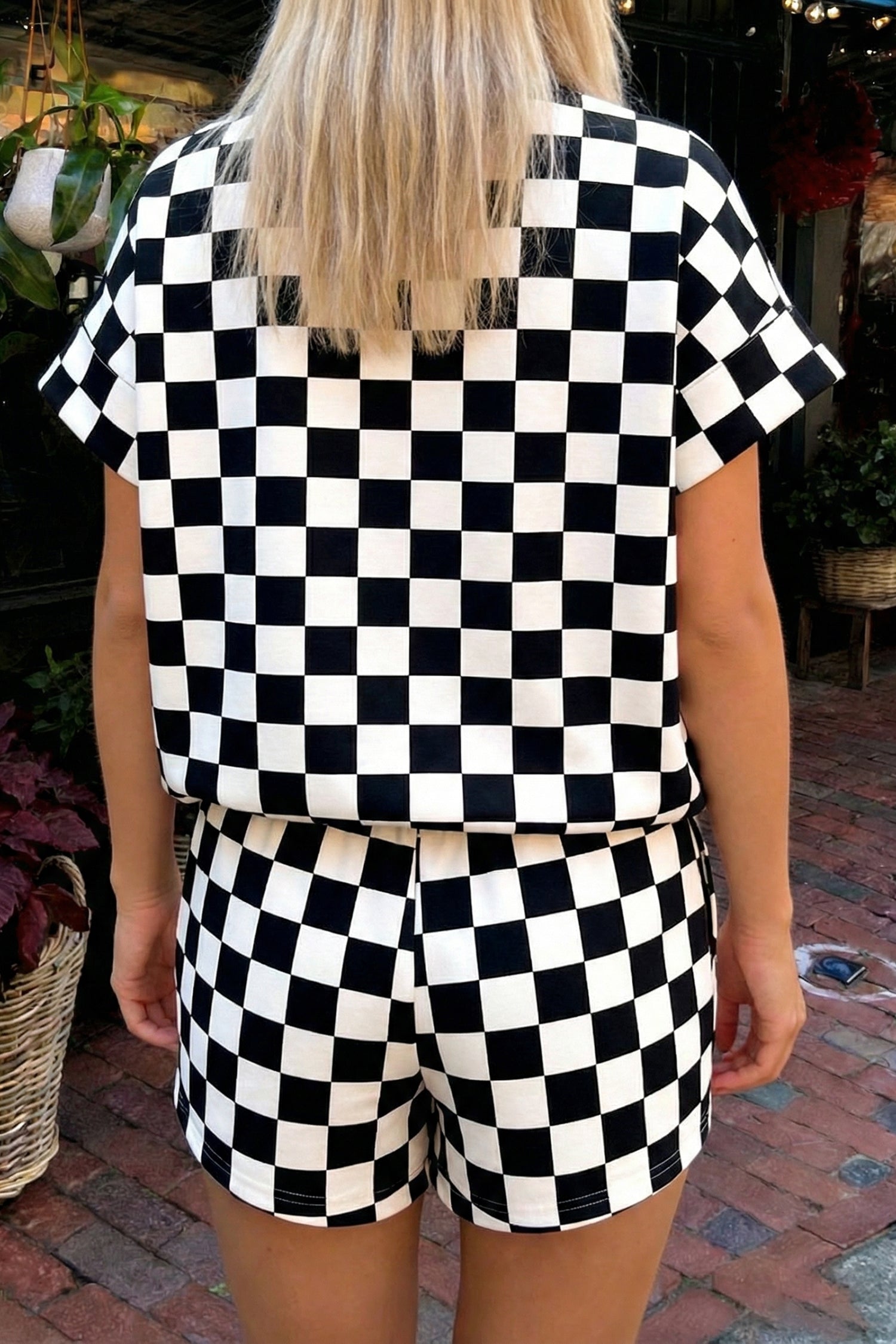 Colorblock Checkered Print Trim Mock-Neck Short Set in Black