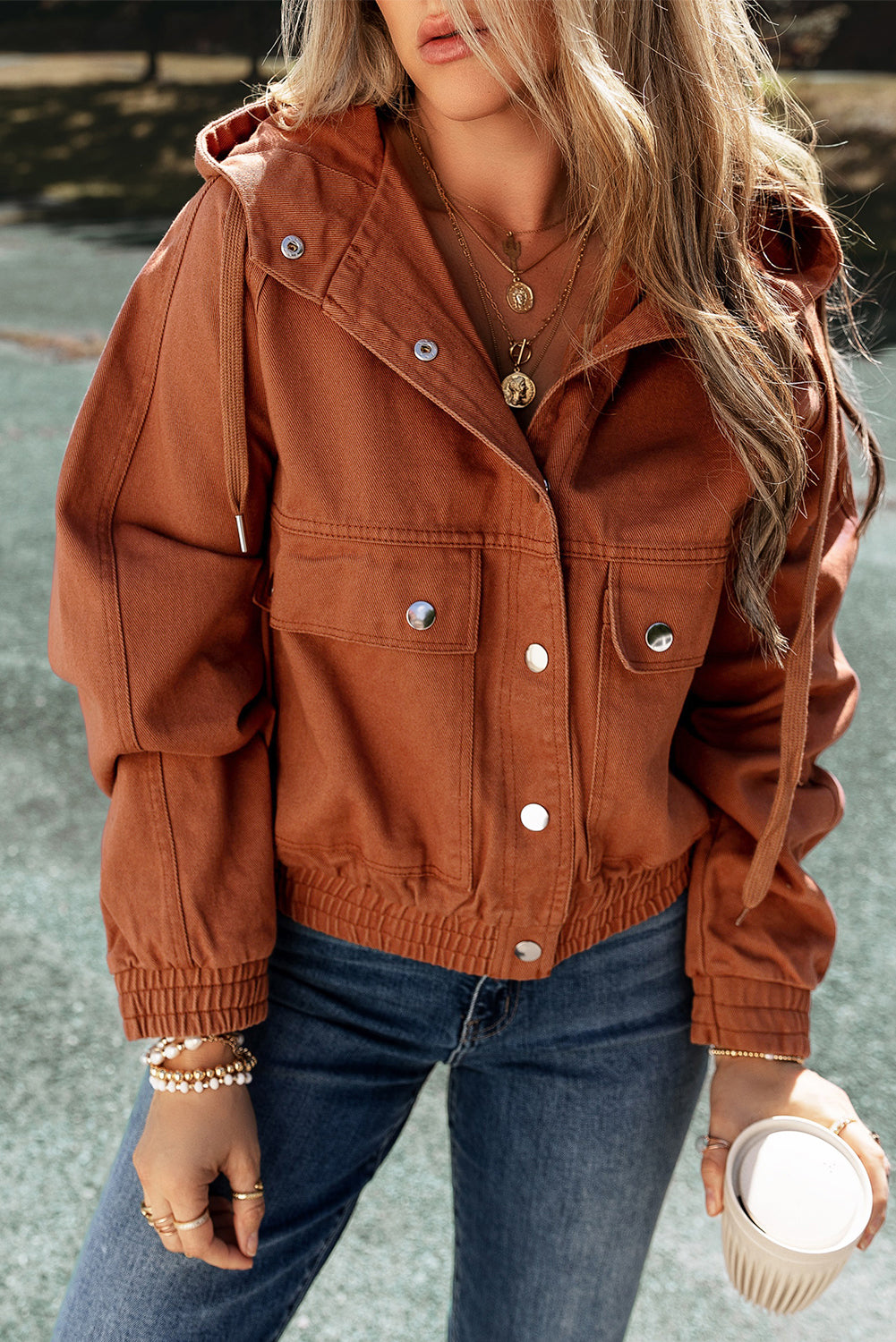 Women's Drawcord Hooded Elastic Hem Denim Jacket