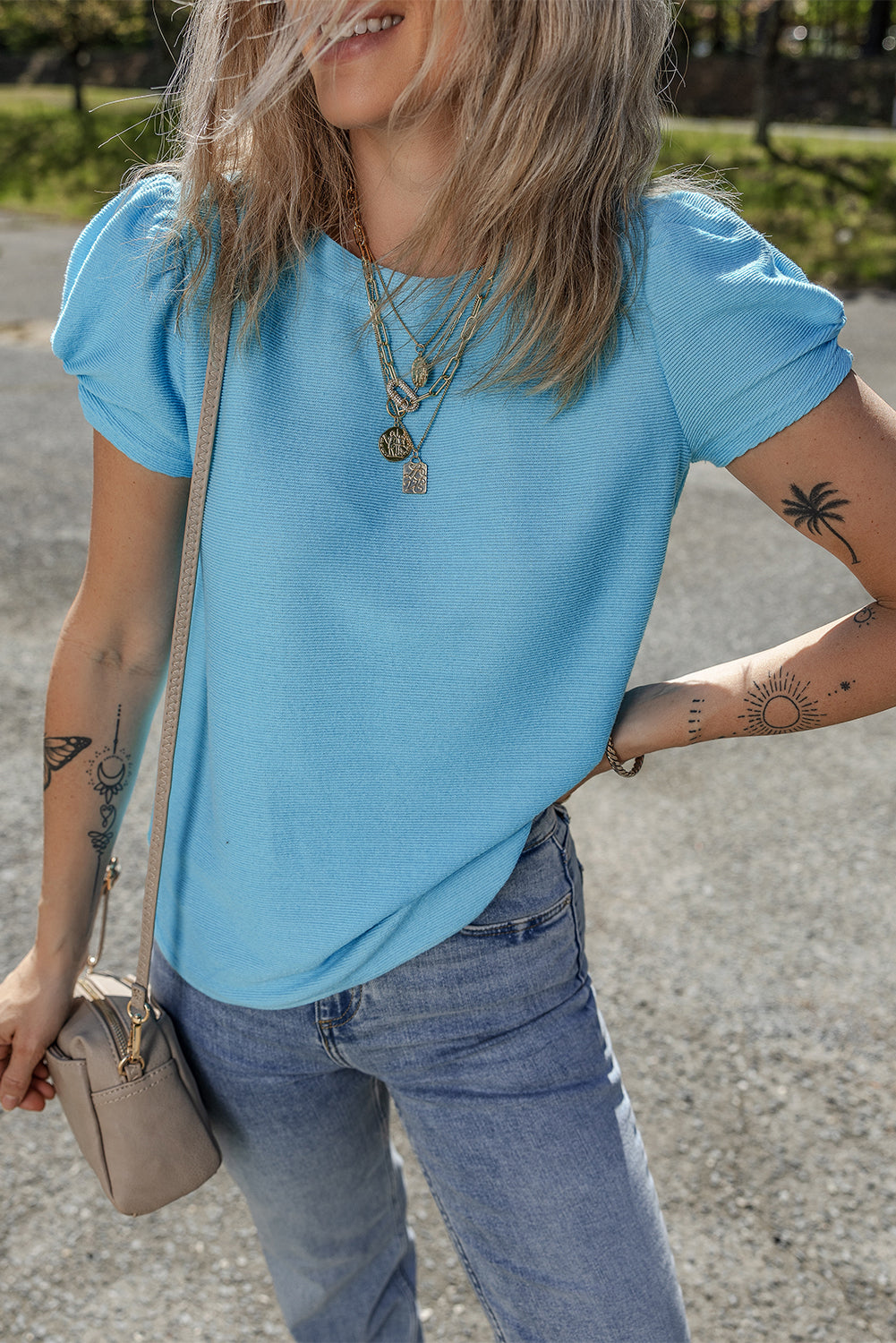 Blue Bubble Sleeve Solid Color Elegant T-Shirt