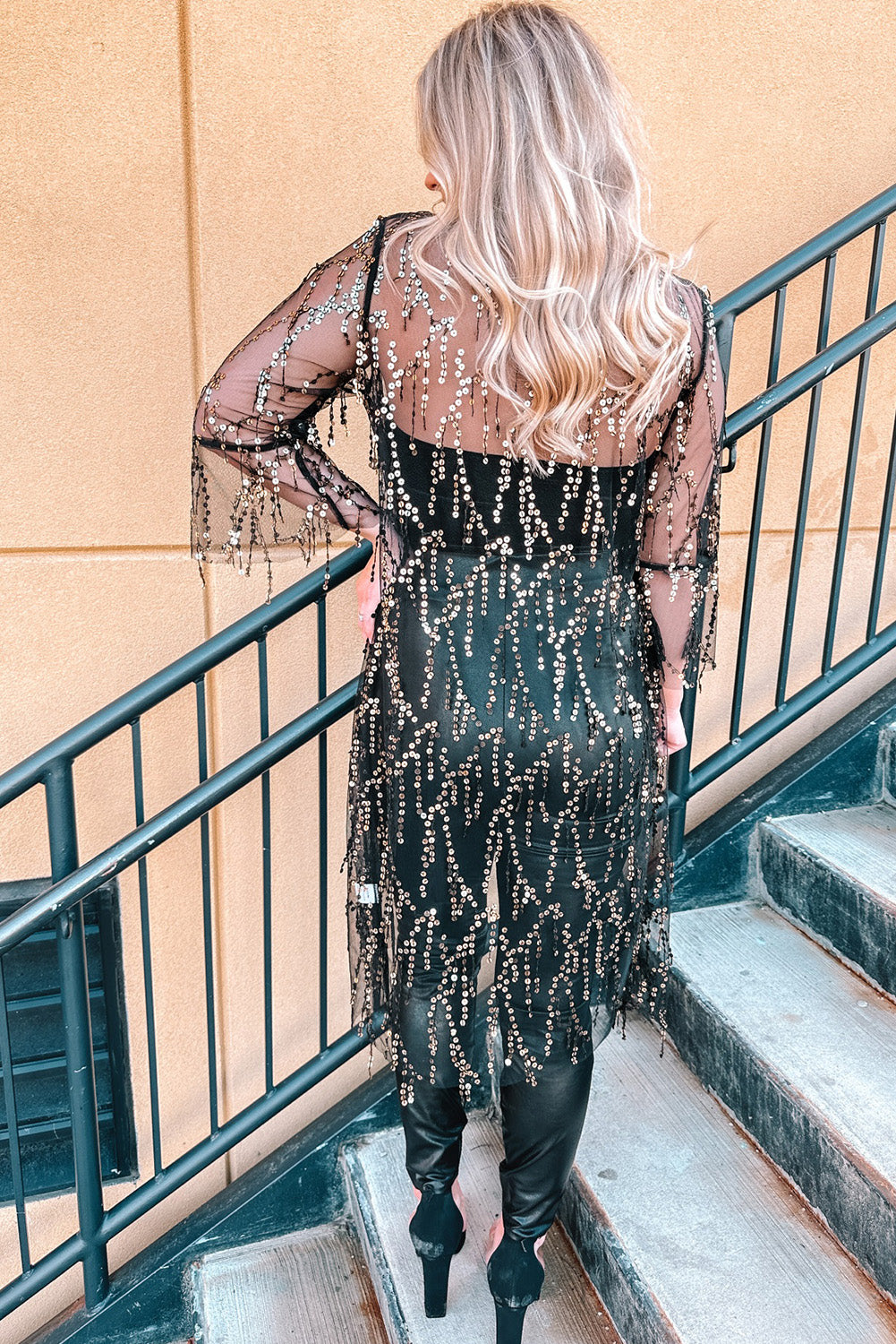 Women's Kimono with Open Front Sequin Semi-Sheer Long-Sleeve