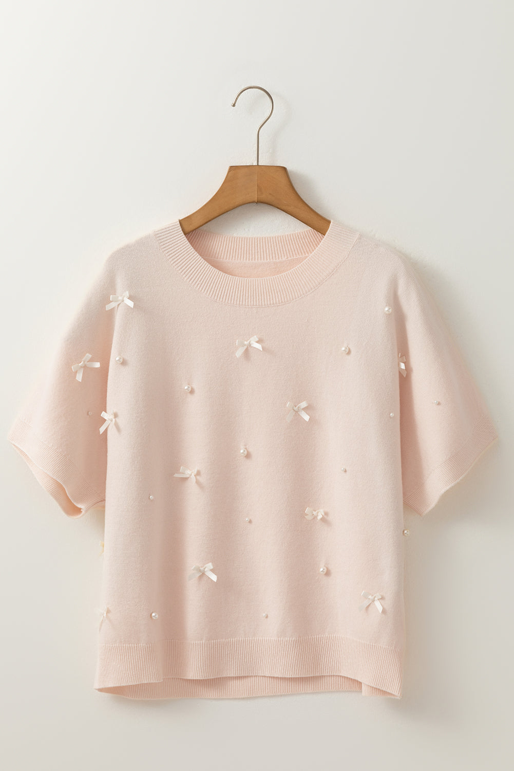 Polished Embellished Pearl Bow Dolman Short-Sleeved Knit Top