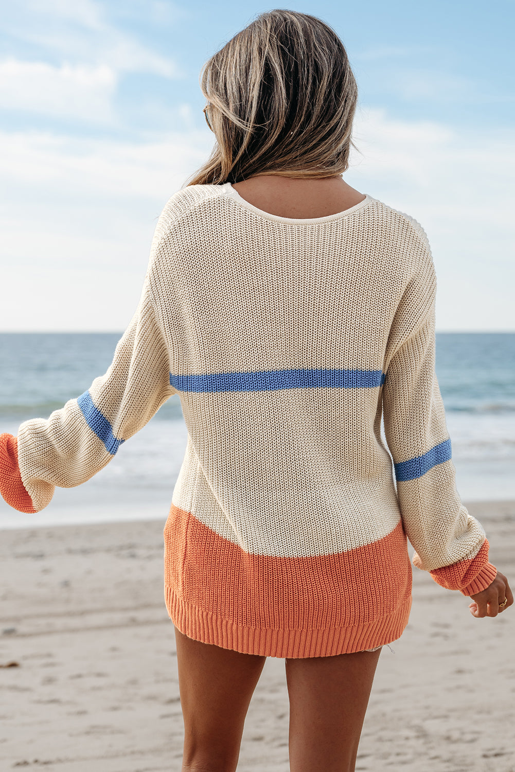 Colorblock Cozy Striped Drop-Shoulder Knit Top in Beige