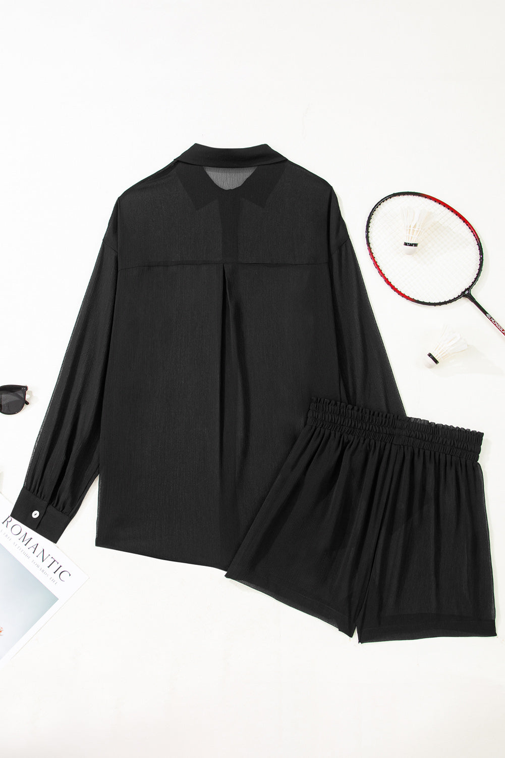 Sheer Drawcord Tunic Shirt Shorts 2pcs Swim Cover Up in Black