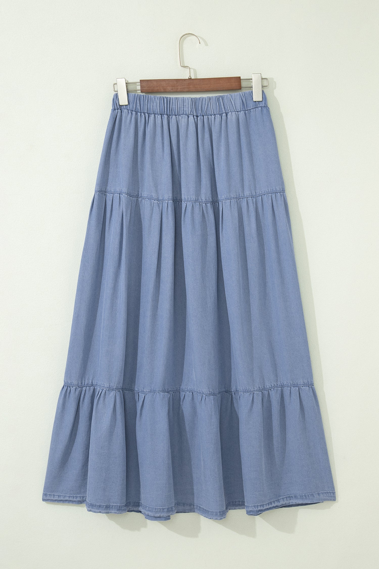 Elastic Waist Ruffled Tiered Flared Denim Maxi Skirt in Beau Blue