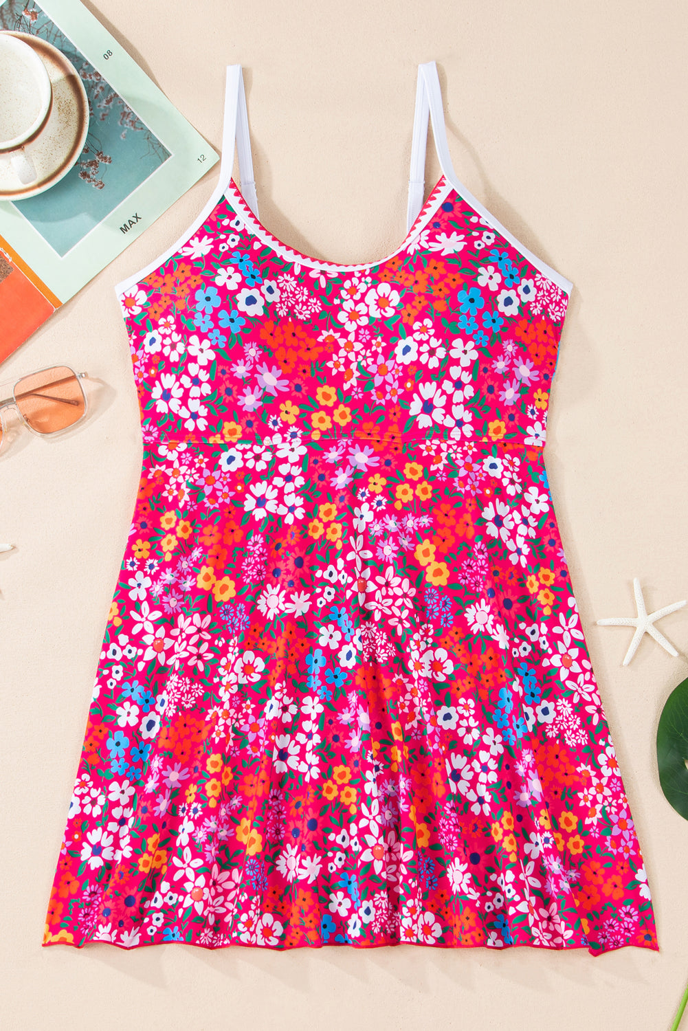 Floral-Print Ricrac Rose Ricrac Trim Spaghetti Strap One Piece Swim Dress