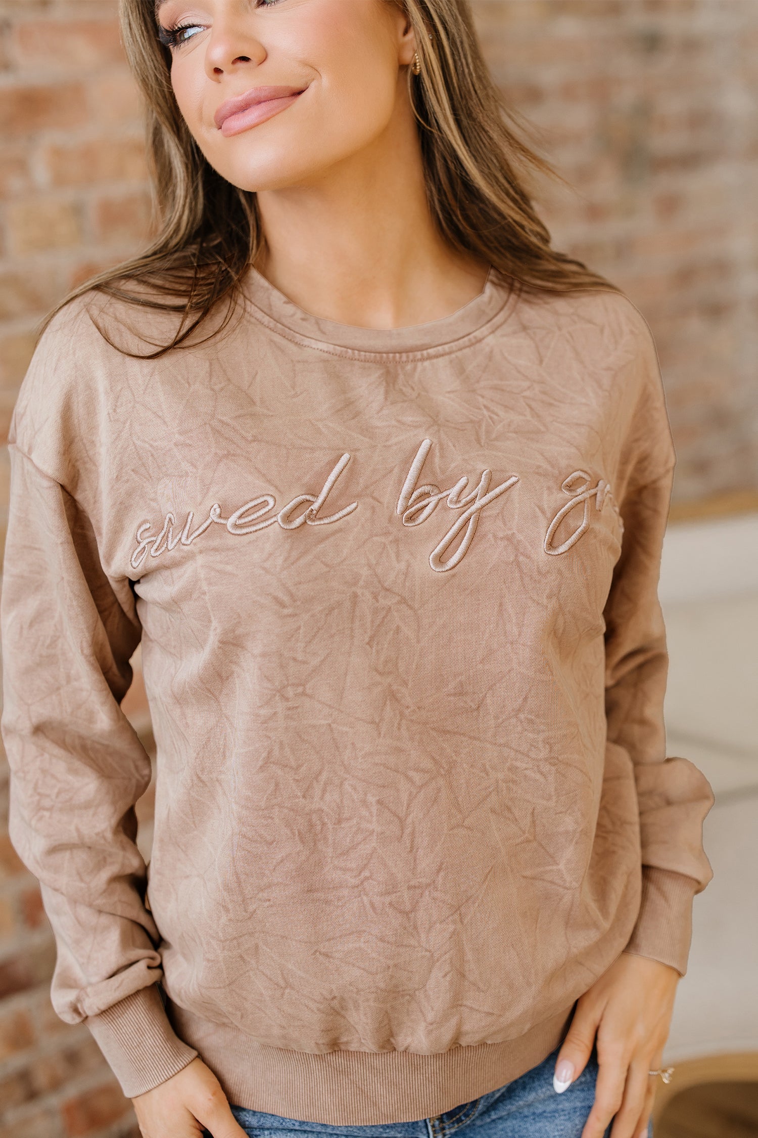 grace saved by Letter Embroidery Mineral Wash Loose Sweatshirt