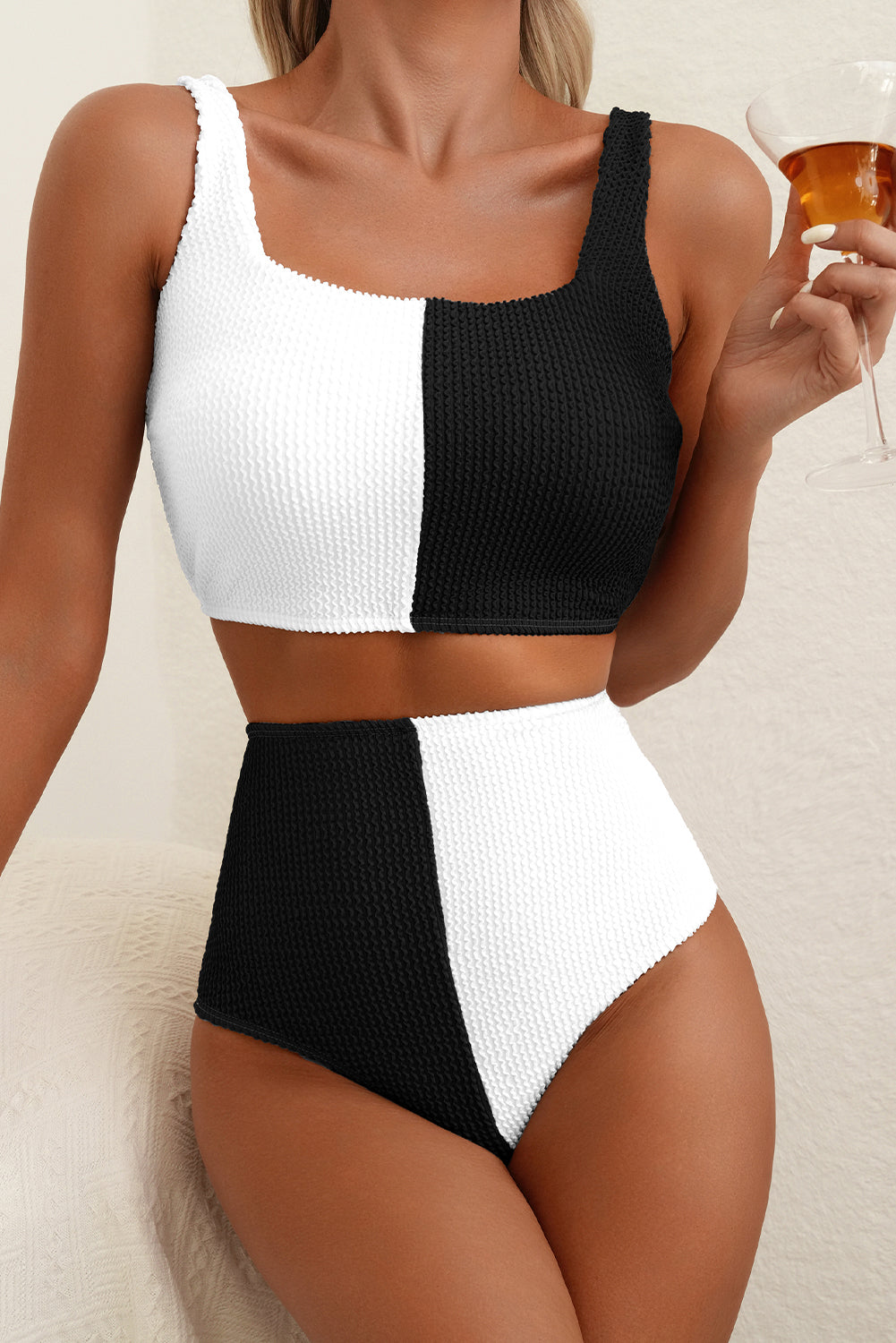 Color Colorblock Black Corded Square Neck Bikini Swimsuit