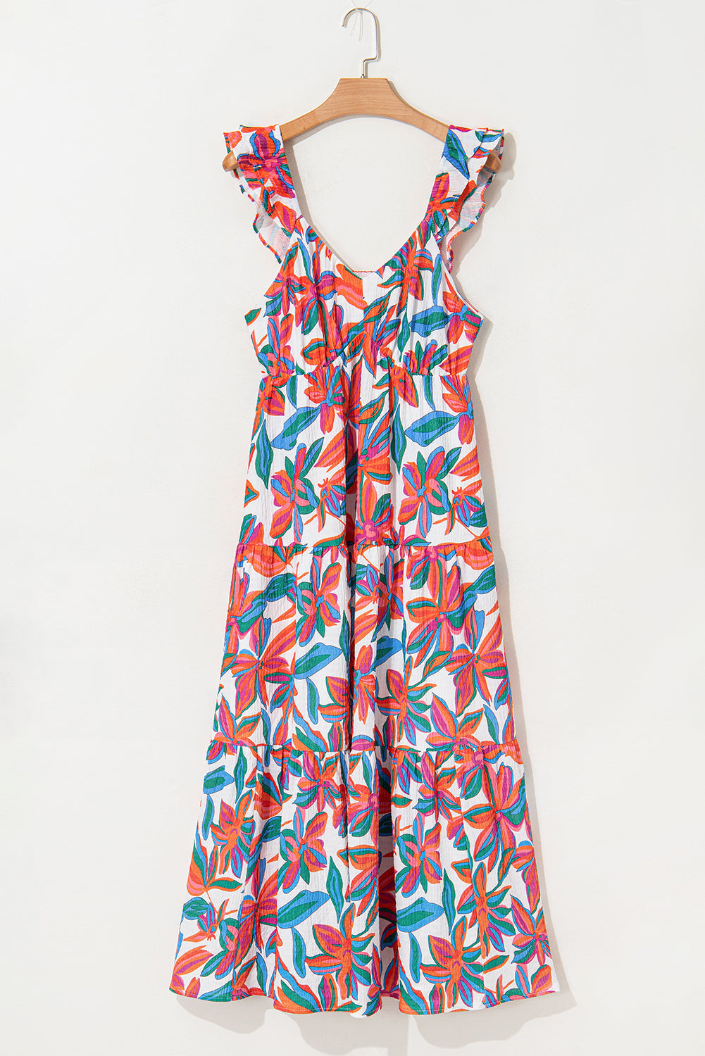 Boho Floral Ruffled Strap V Neck Maxi Dress