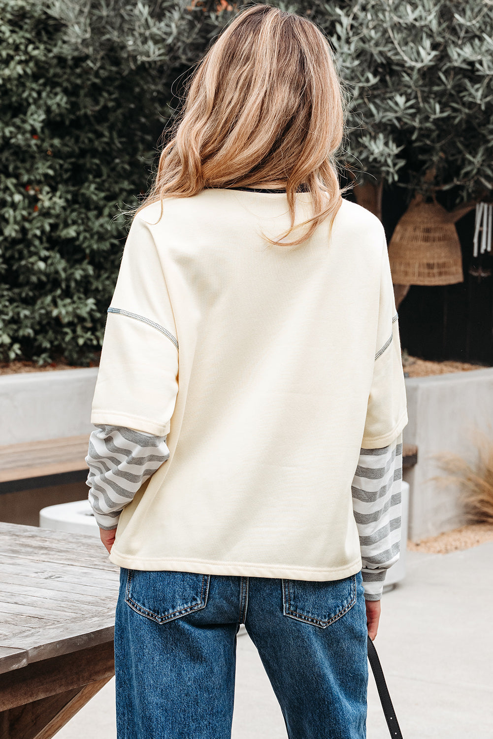 Long-Sleeved Striped Patchwork Round-Neck Two-in-one Top in Beige