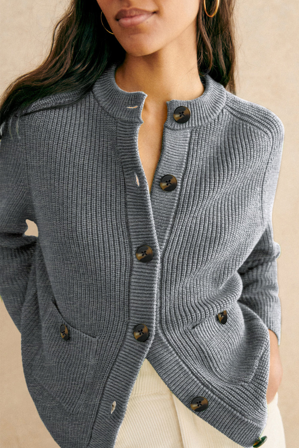 Chunky Cardigan Button-Front Round-Neck Knit Top