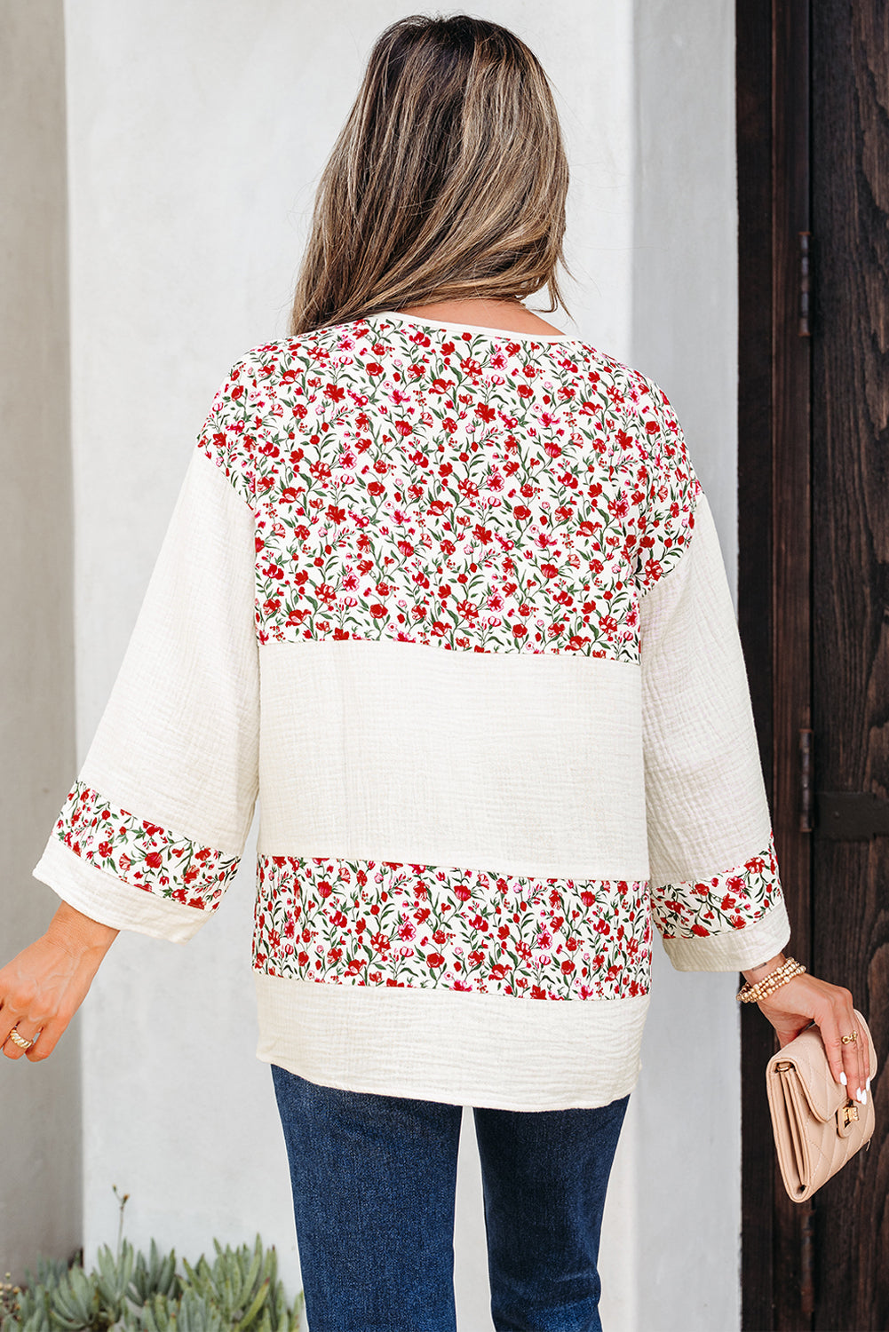 Patchwork Floral-Print Gauze Henley Button 3/4 Sleeve Blouse