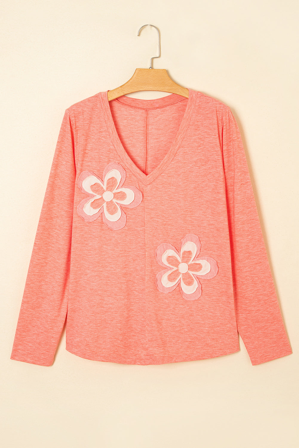 Floral Patchwork V-Neck Long-Sleeved T Shirt