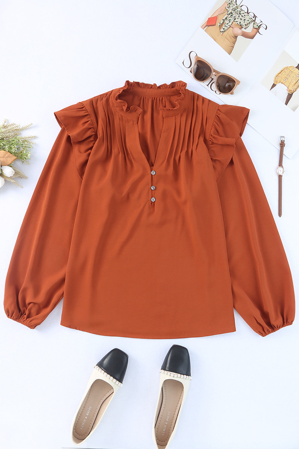 Women's Button-Front V Neck Ruffle-Trimmed Pleat-Detail Blouse