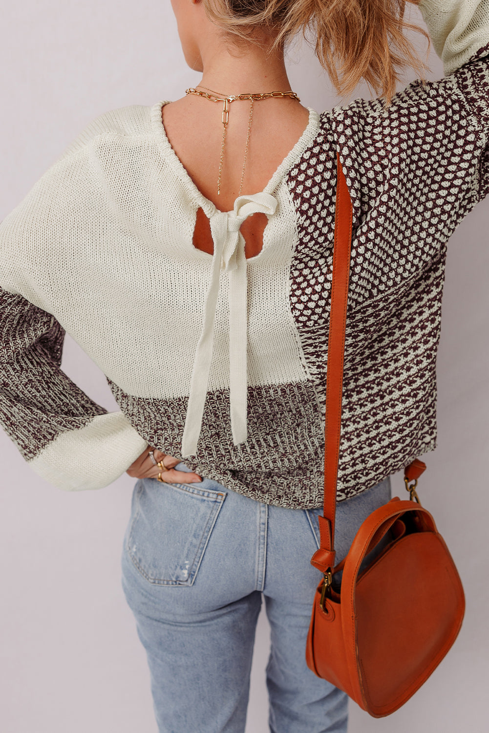 Colorblock Drop-Shoulder Back Tie Loose Knit Top