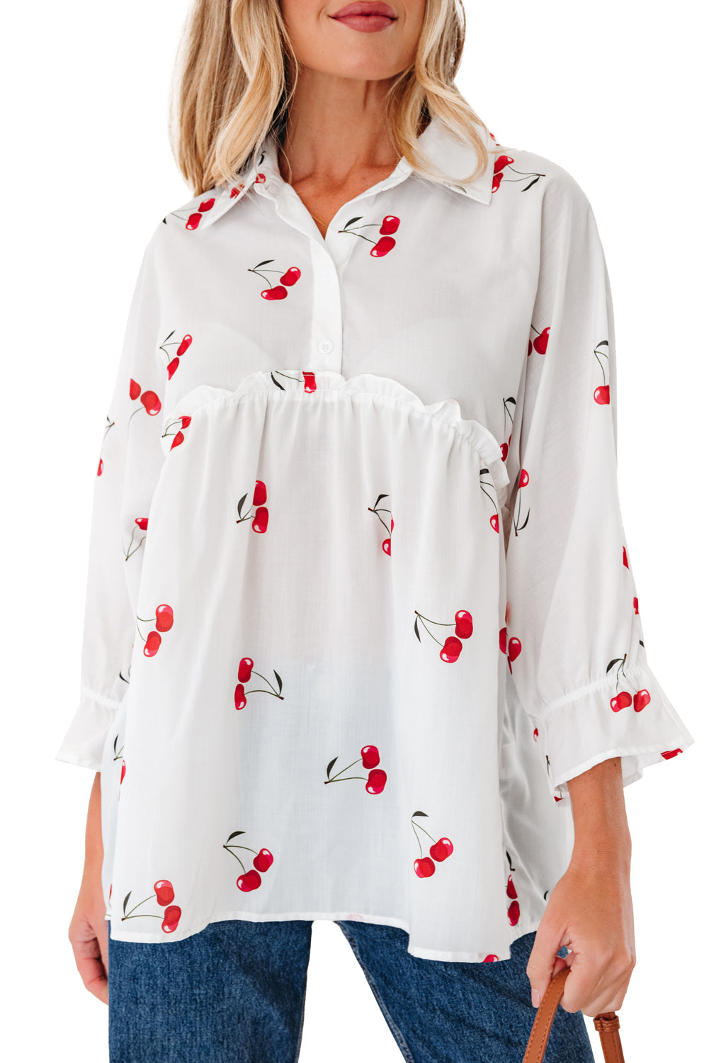 Print Flounce Cherry Flounce Sleeve Collared Frilled Babydoll Blouse