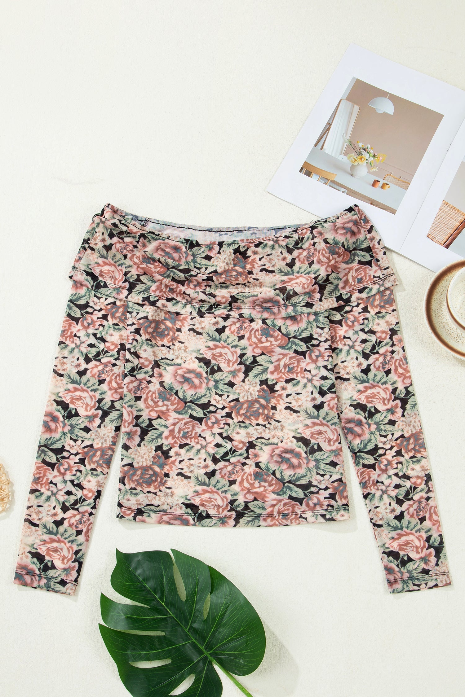 Floral-Print Foldover Mesh Long-Sleeved Off Shoulder Top