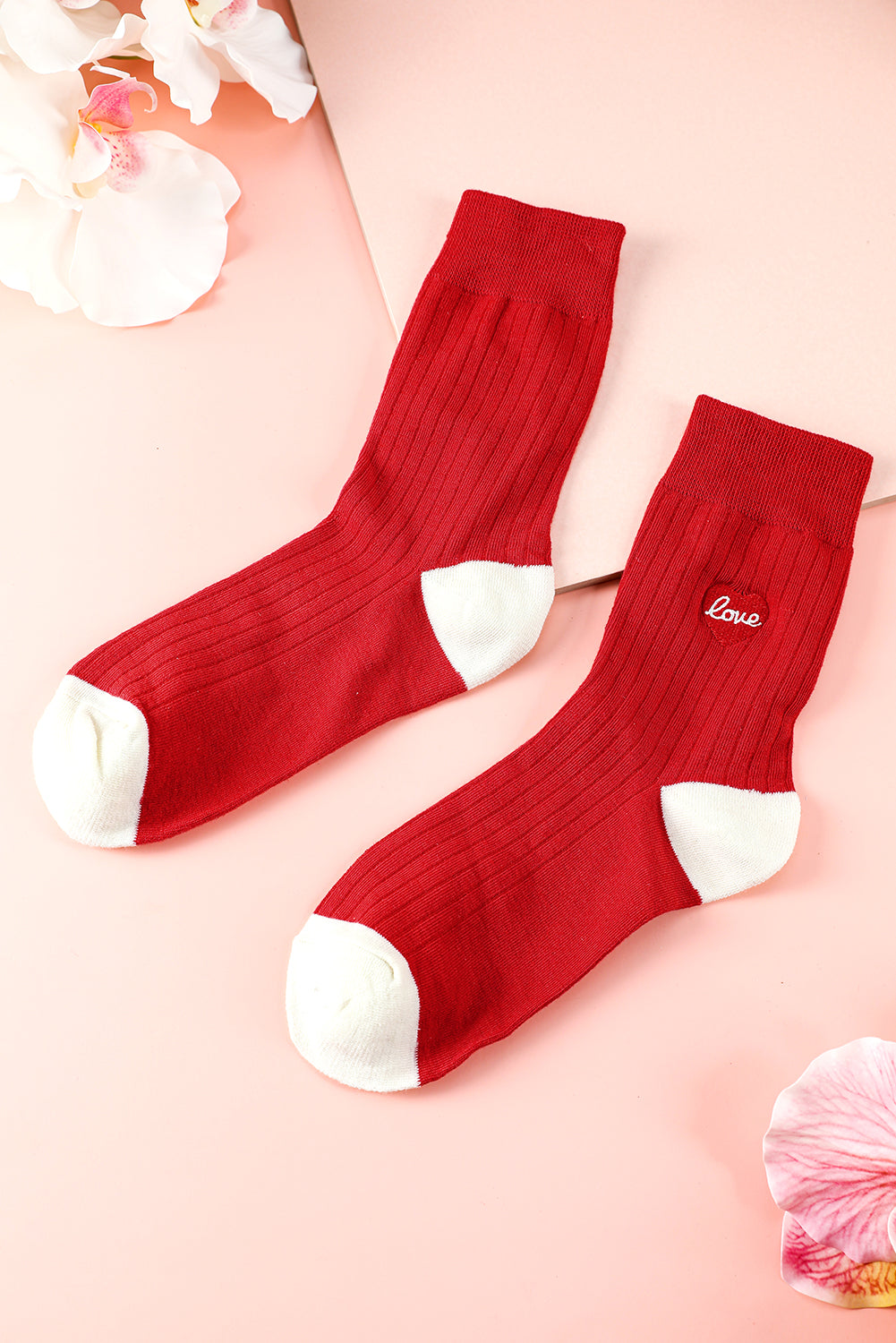 Love Embroidered Rib-Knit Colorblock Crew Socks