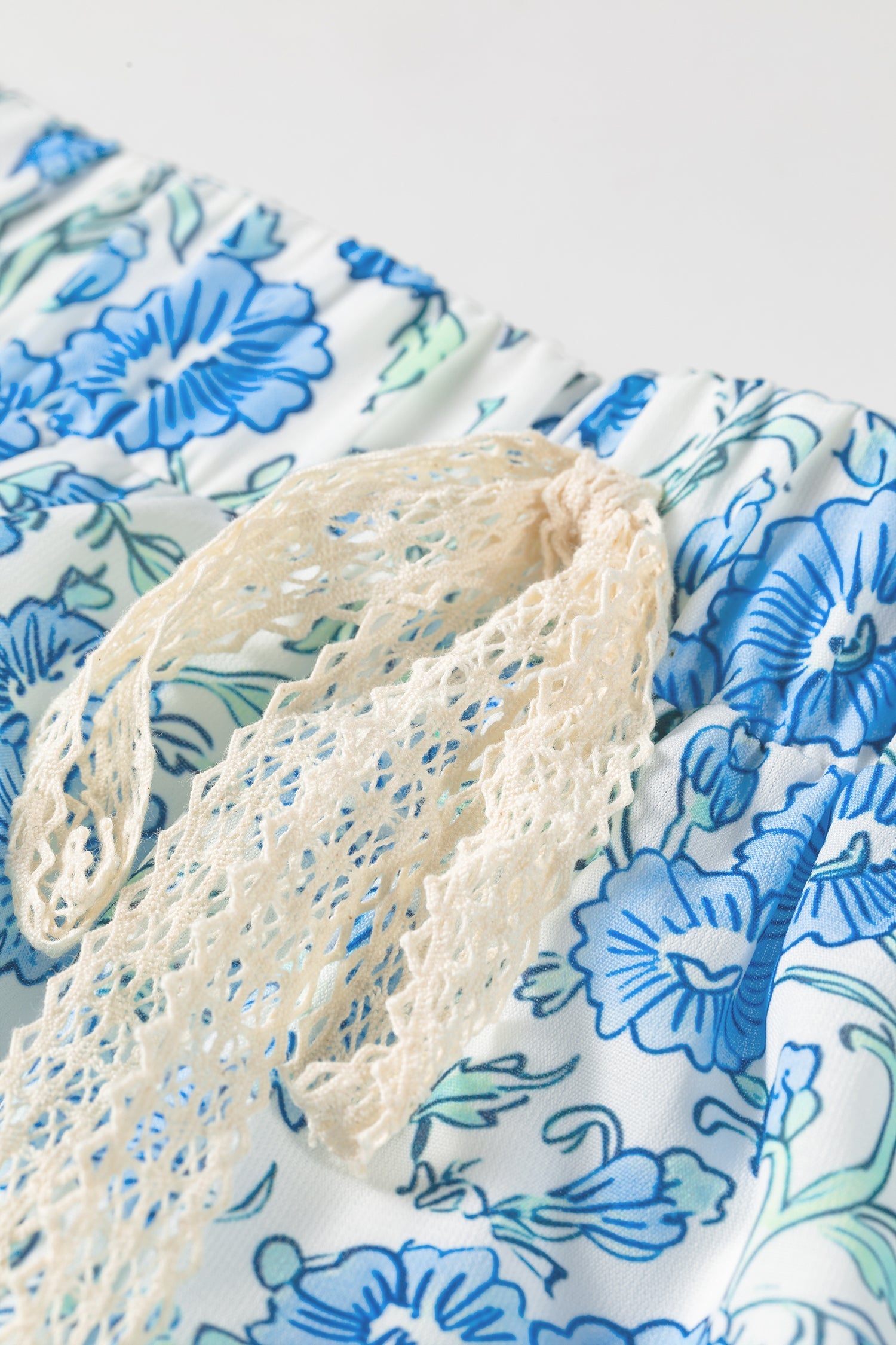 Floral Striped Summer Striped Ruffle Hem Lace Tie Shorts in Sky Blue