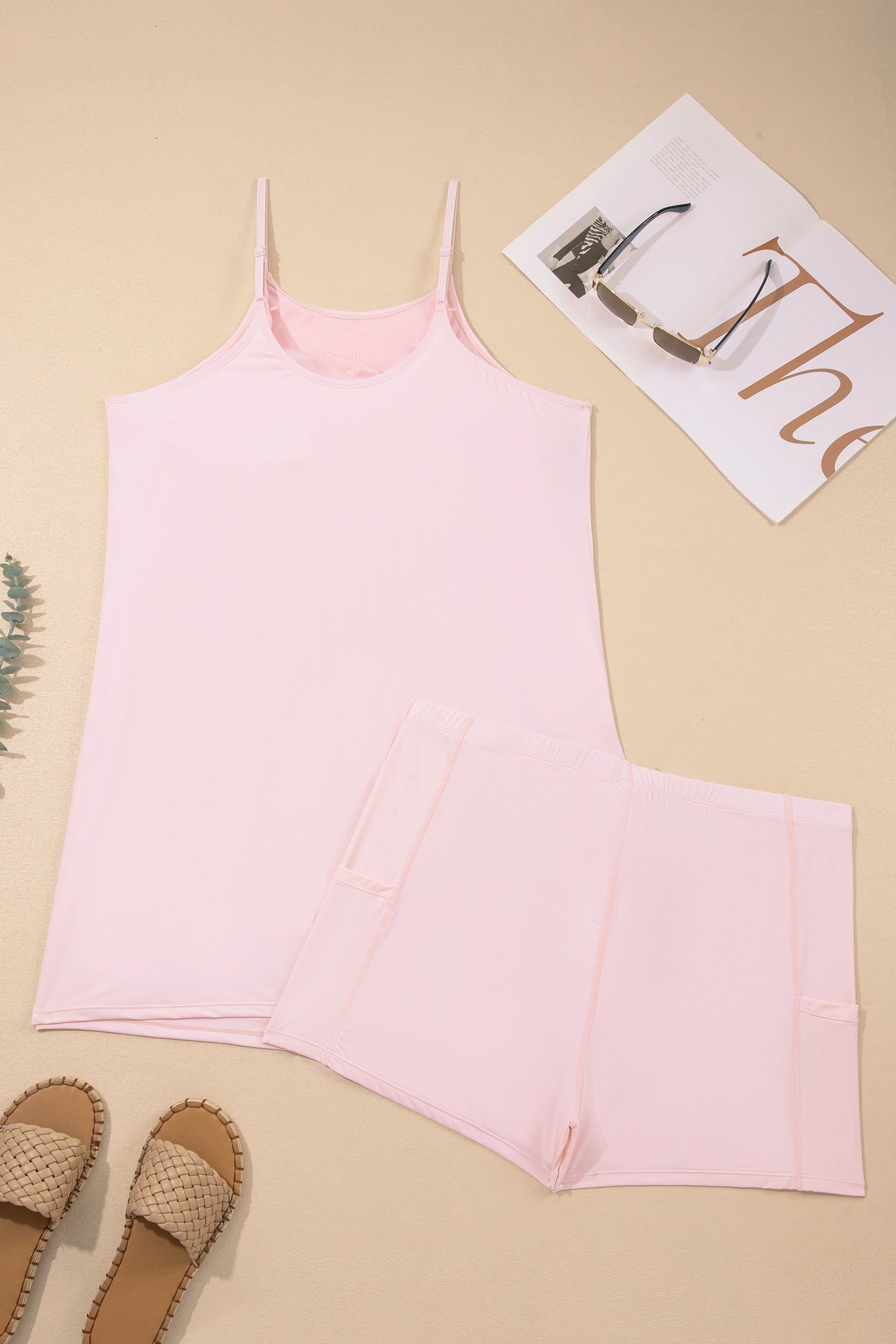 Plus Shorts Size Build-in Sleeveless Dress With Short 2-Piece Outfit in Pink