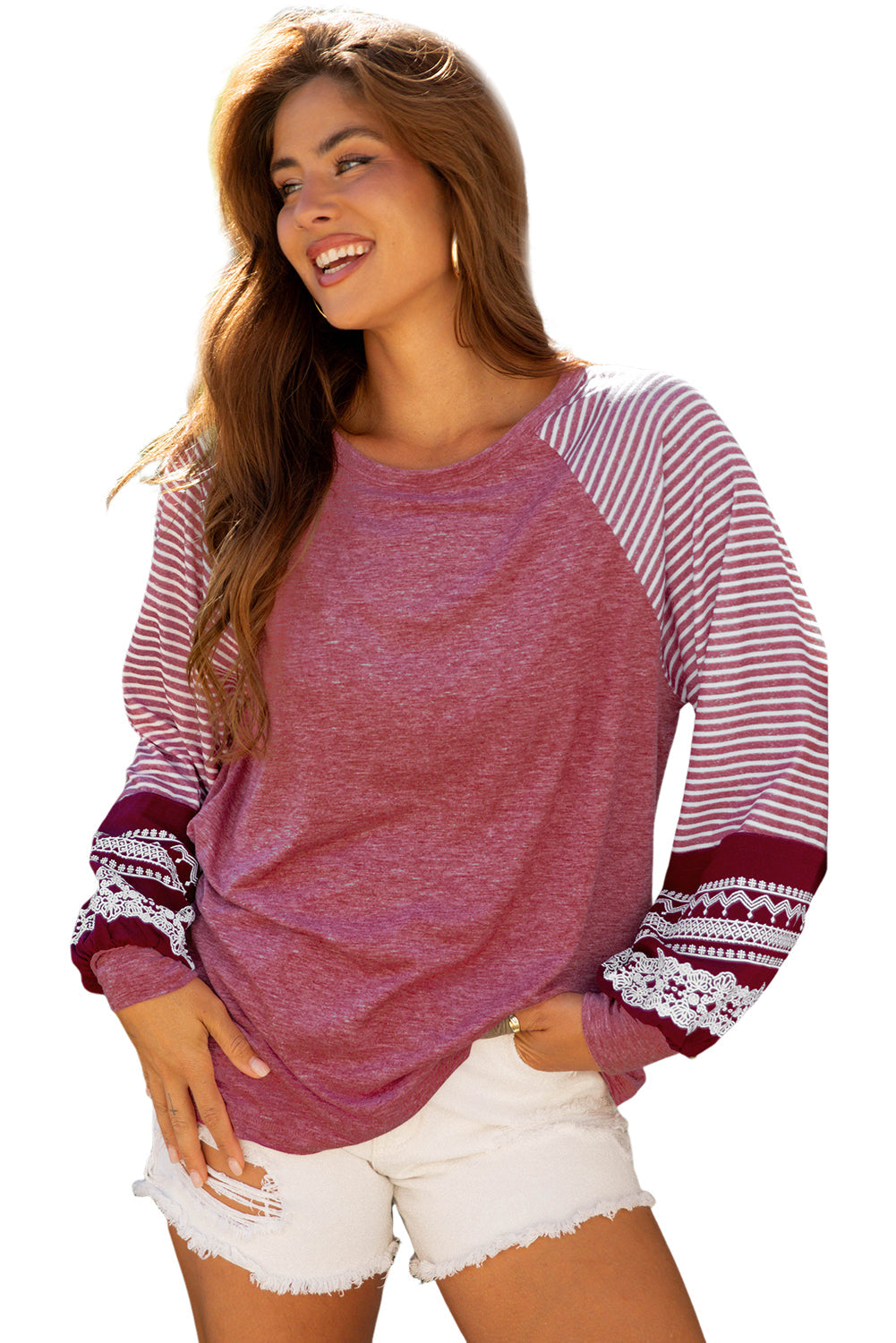 Contrast Print Striped Raglan Long-Sleeved Loose Top in Burgundy