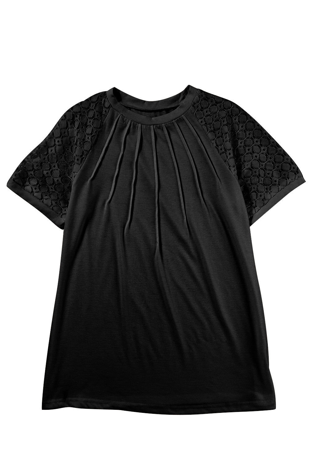 T-shirt noir à manches raglan et dentelle contrastée avec coutures contrastées