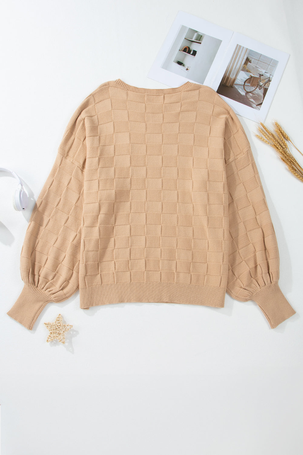 Pull en Tricot Texturé à Carreaux Uni de Grande Taille