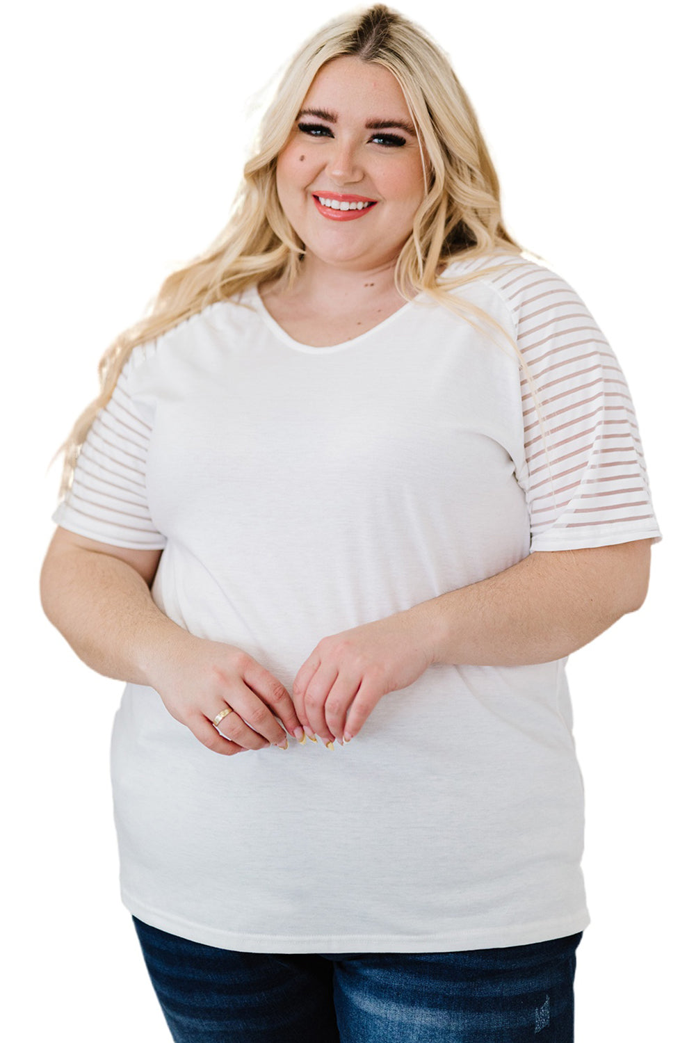Striped Everyday White Raglan Sleeve Plus Size Tee