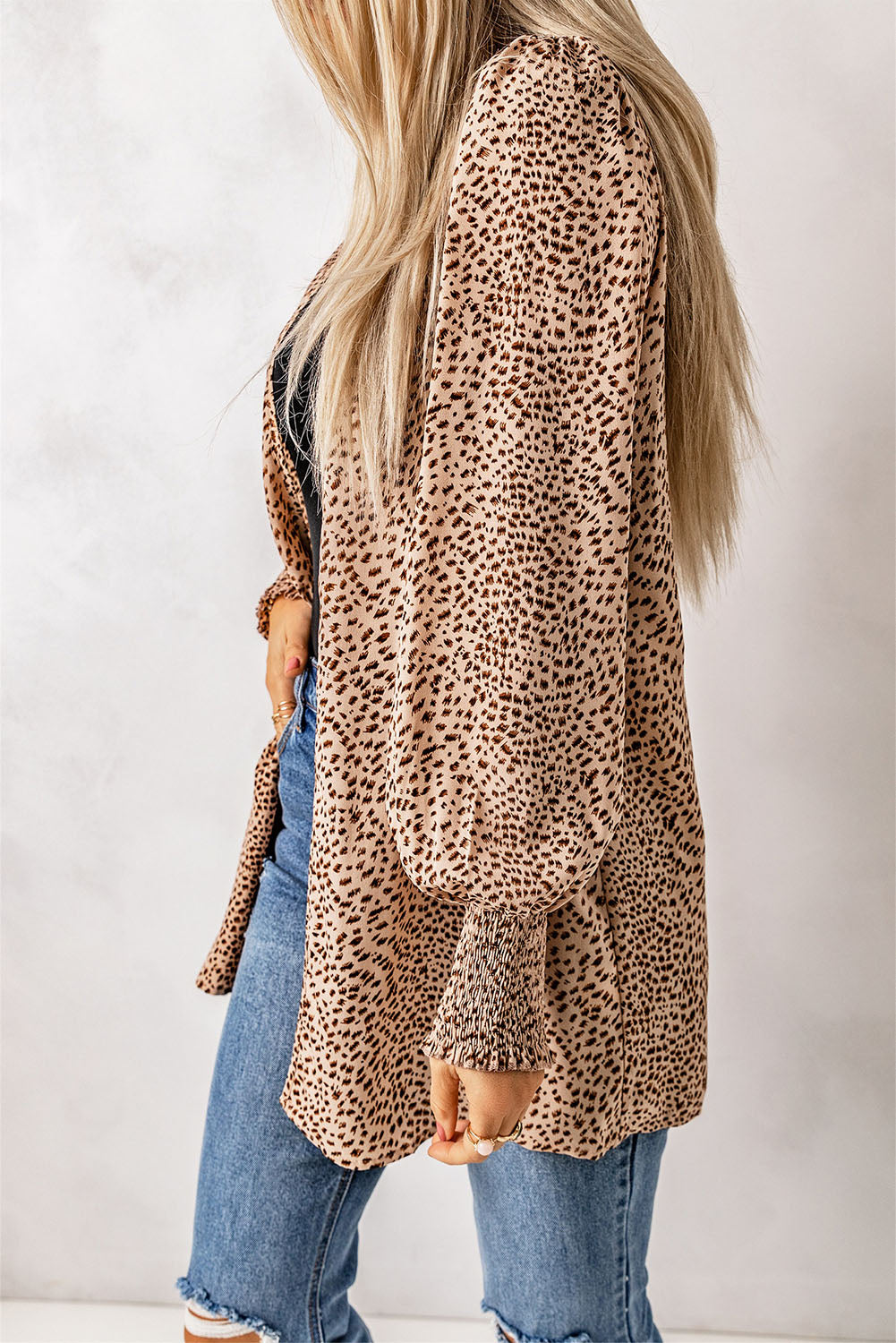 Cardigan for Women Animal Print Shirred Apricot Cuff Lantern Sleeve
