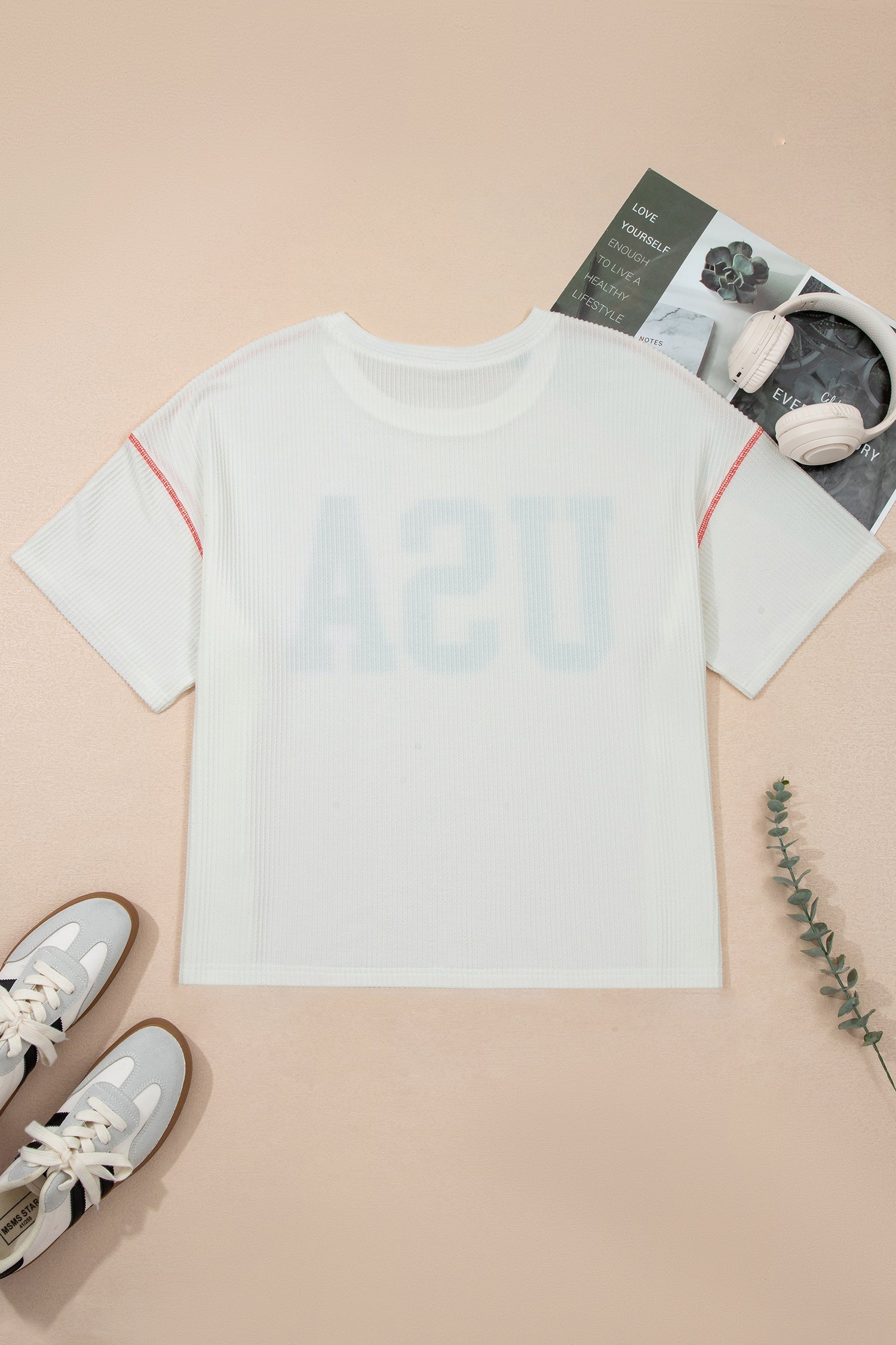 Plus Size Twisted Rib Retro USA Letter Printed T Shirt in White