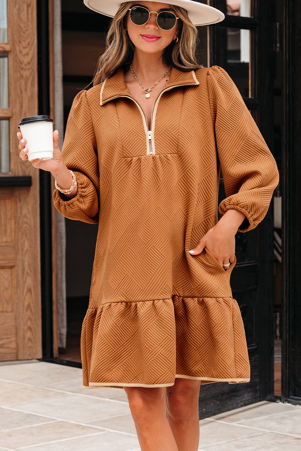 Quarter Bracelet Zip Collar Sleeve Textured Mini Dress