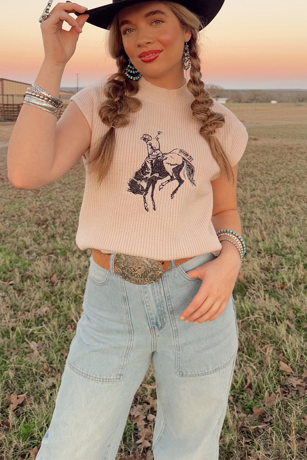 Cowboy HOWDY Rodeo Graphic High Neck Short-Sleeved Knit Top